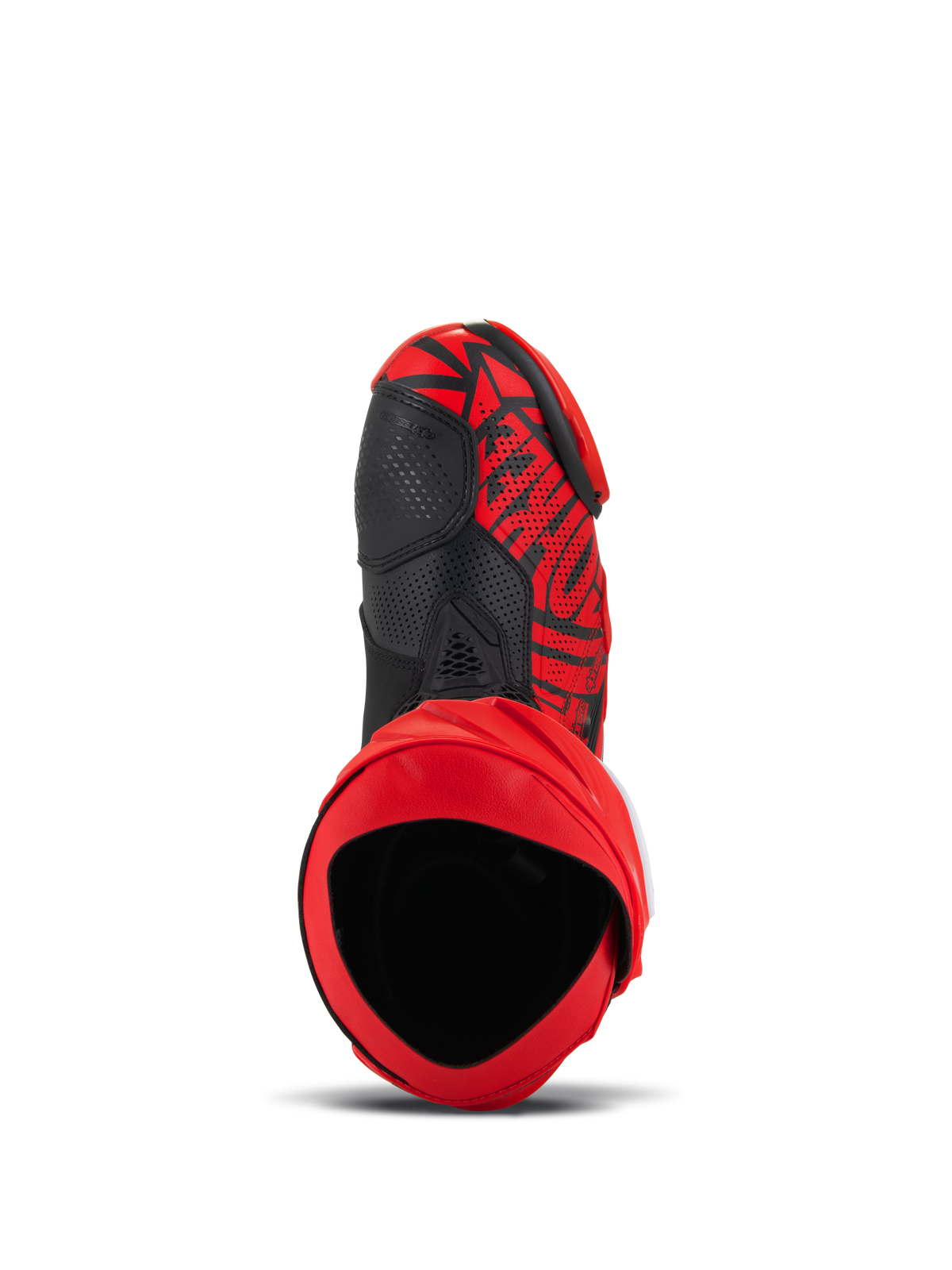 Alpinestars Supertech R LE Pecco Bagnaia Vented Boots, Red and Black, top-down view showing interior opening and perforated microfiber upper, bold graphic design with black accents, professional motorcycle racing gear