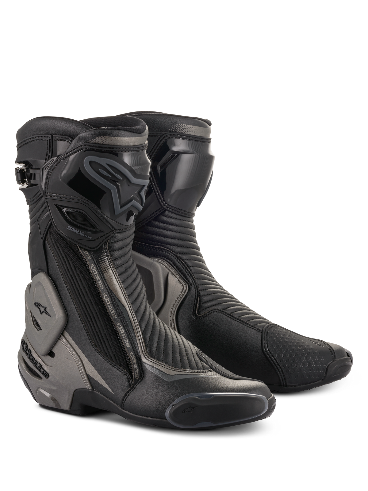 Alpinestars SMX Plus V2 Boots, Racing and Sport Motorcycle Boots, Black and Dark Gray, featuring advanced Multi-Link Control ankle protection, TPU shin plate, and replaceable sliders, streamlined microfiber construction for road riding