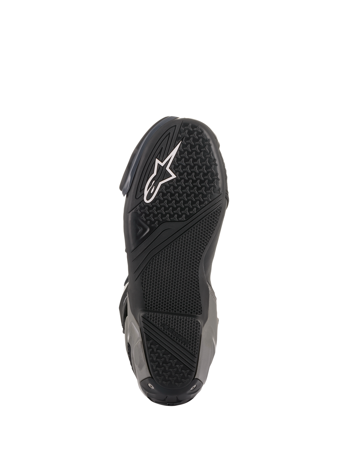 Alpinestars SMX Plus V2 Boots, Racing/Sport Motorcycle Boots, Black and Dark Gray, underside view of the textured rubber sole with white Astar logo and specialized grip zones for footpeg traction.