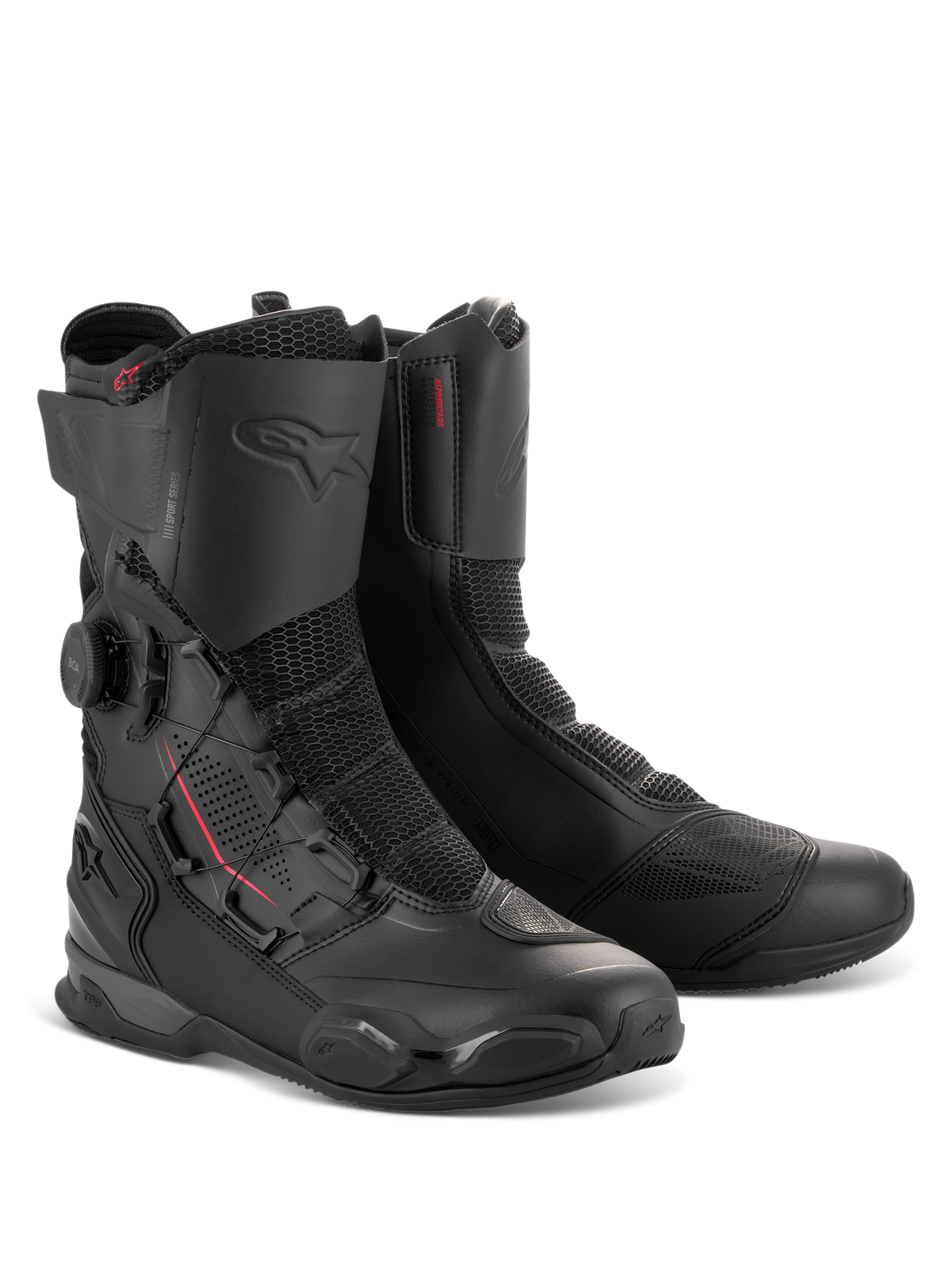 Alpinestars SP-X BOA® Boots, mittelhohe Sport-Motorradstiefel in Schwarz-Schwarz, mit seitlichem BOA® Fit System Drehverschluss, Rideknit®-Mesh-Einsätzen und TPU-Schutzverstärkungen für den Straßeneinsatz