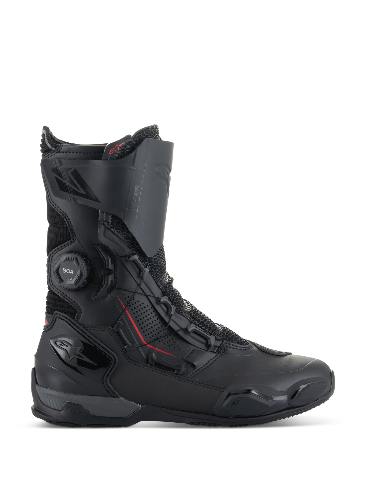 Alpinestars SP-X BOA® Stiefel, Motorrad-Sportstiefel, Schwarz mit roten Akzenten, BOA® Fit System-Drehverschluss, mittelhohe Konstruktion mit Mikrofaser- und Mesh-Einsätzen, TPU-Fersen- und Zehenschutz, schlankes Design für Straßenfahrten