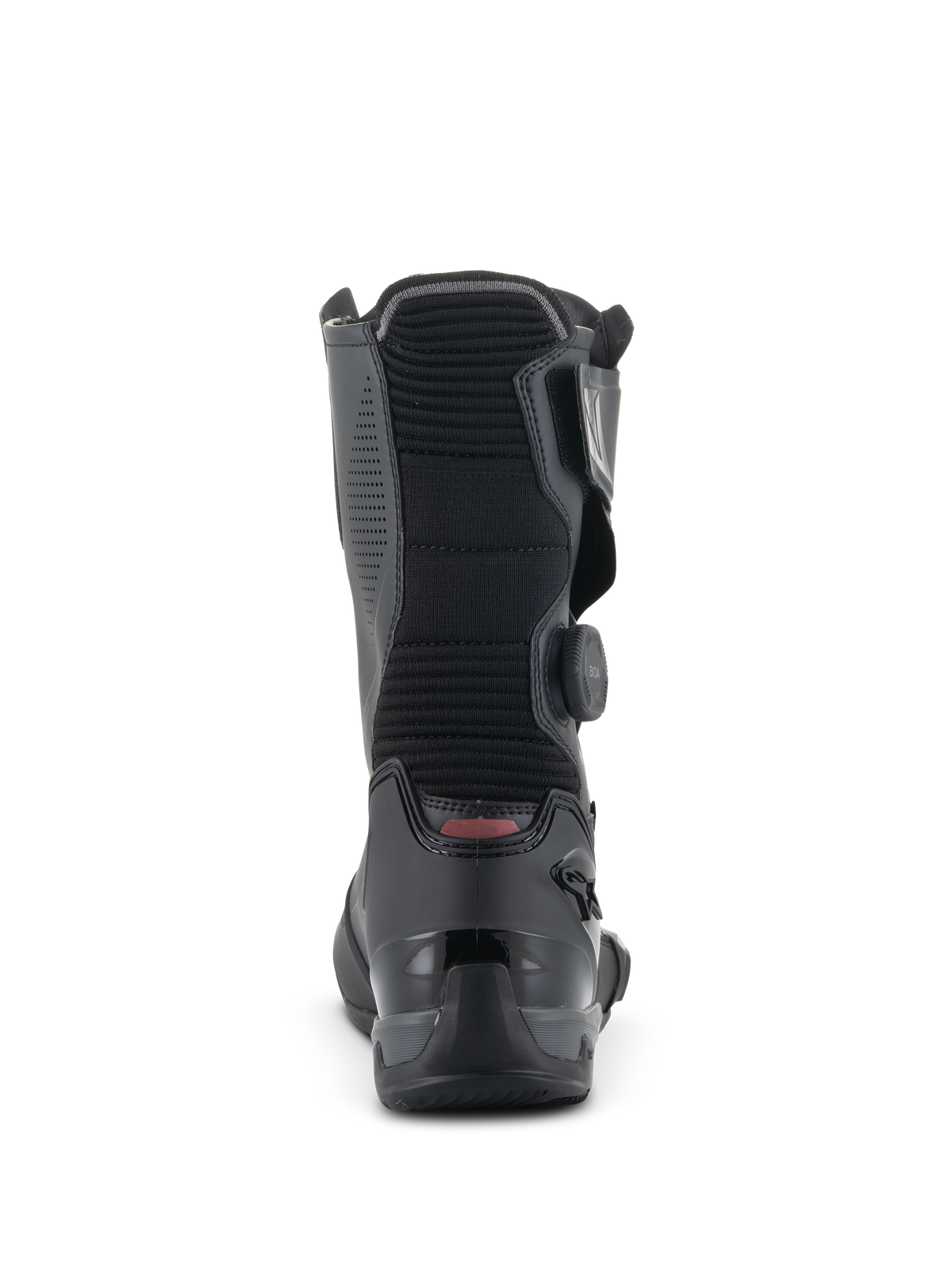 Alpinestars SP-X BOA Stiefel, mittelhohe Motorrad-Sportstiefel, Schwarz, Rückansicht mit Fokus auf das gerippte Akkordeon-Flex-Panel, die verstärkte TPU-Fersenkappe und den seitlichen BOA Fit System Drehverschluss