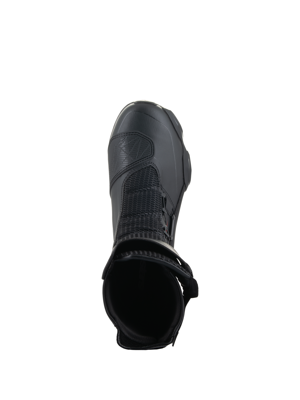 Alpinestars SP-X BOA® Stiefel, Schwarz, Draufsicht mit Blick in die Knöchelöffnung, mit Rideknit® Mesh und dem seitlich angebrachten BOA® Fit System, eleganter mittelhoher Sport-Motorradstiefel