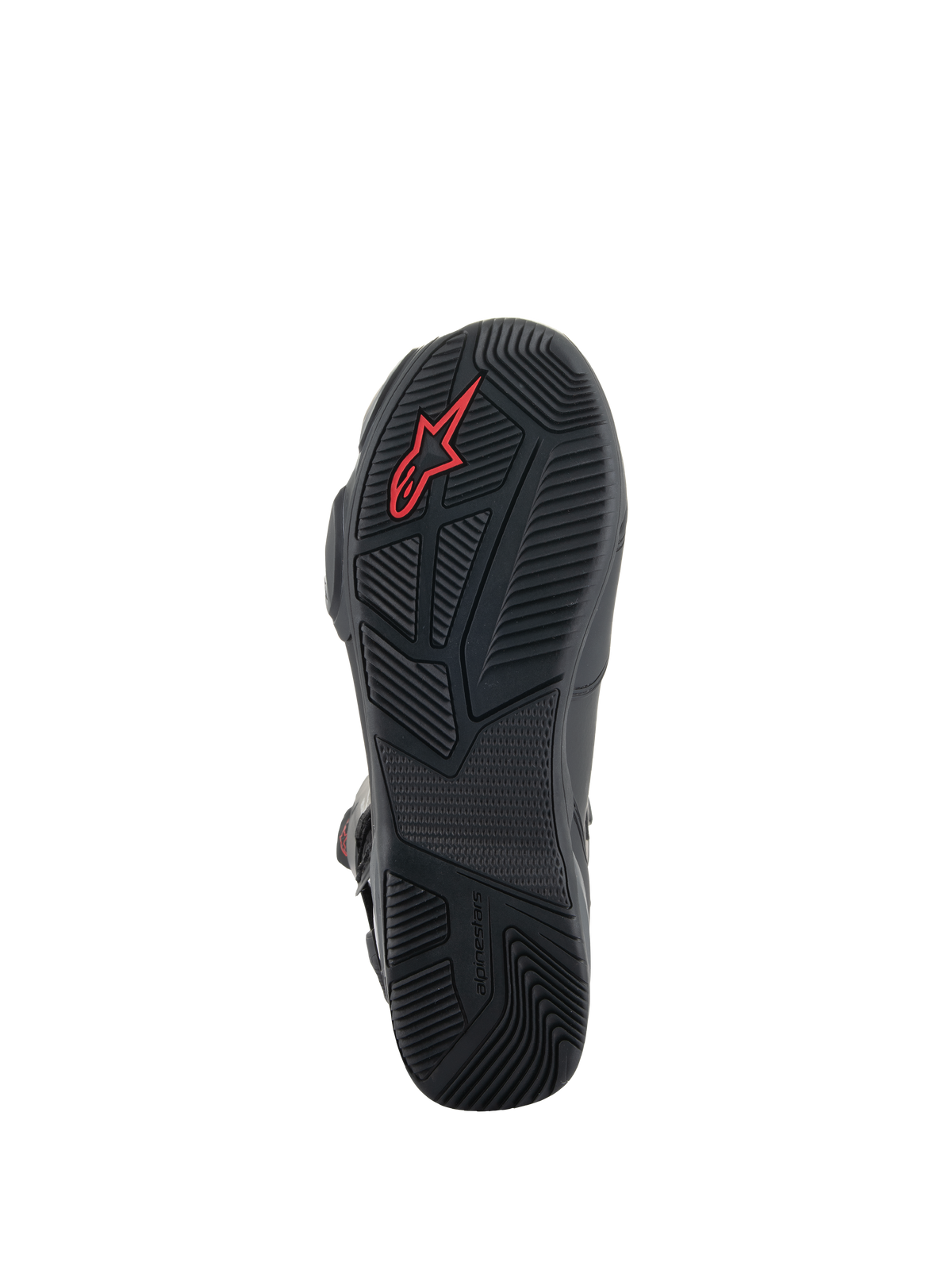 Alpinestars SP-X BOA® Stiefel, schwarze Motorradstiefel, Detailansicht der Gummisohle mit strukturierten Profilmustern, rotem Alpinestars-Logo und asymmetrischem Fersendesign für Stabilität beim Gehen.
