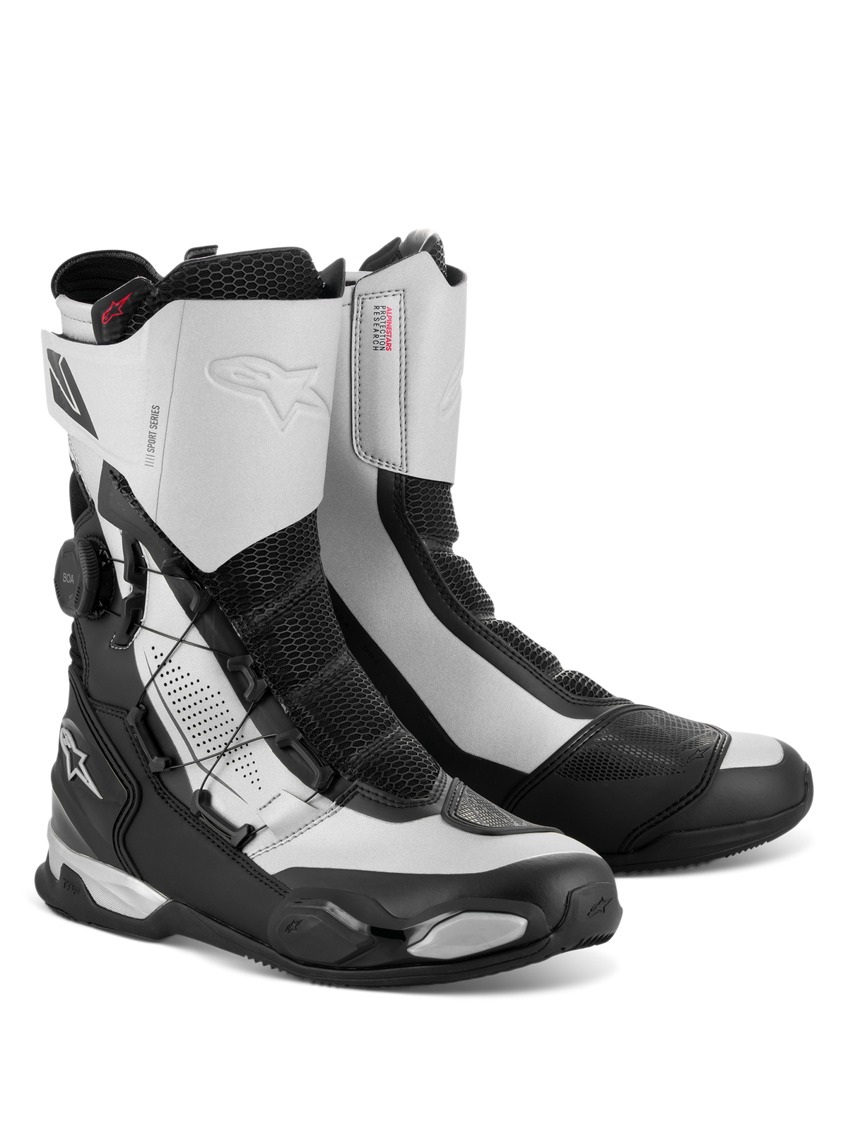 Bottes Alpinestars SP-X BOA, bottes de moto sport touring à mi-hauteur, noir et argent, dotées du système de réglage latéral BOA Fit System, de panneaux en maille Rideknit et de protections du talon et des orteils en TPU, design athlétique élégant avec logos Alpinestars