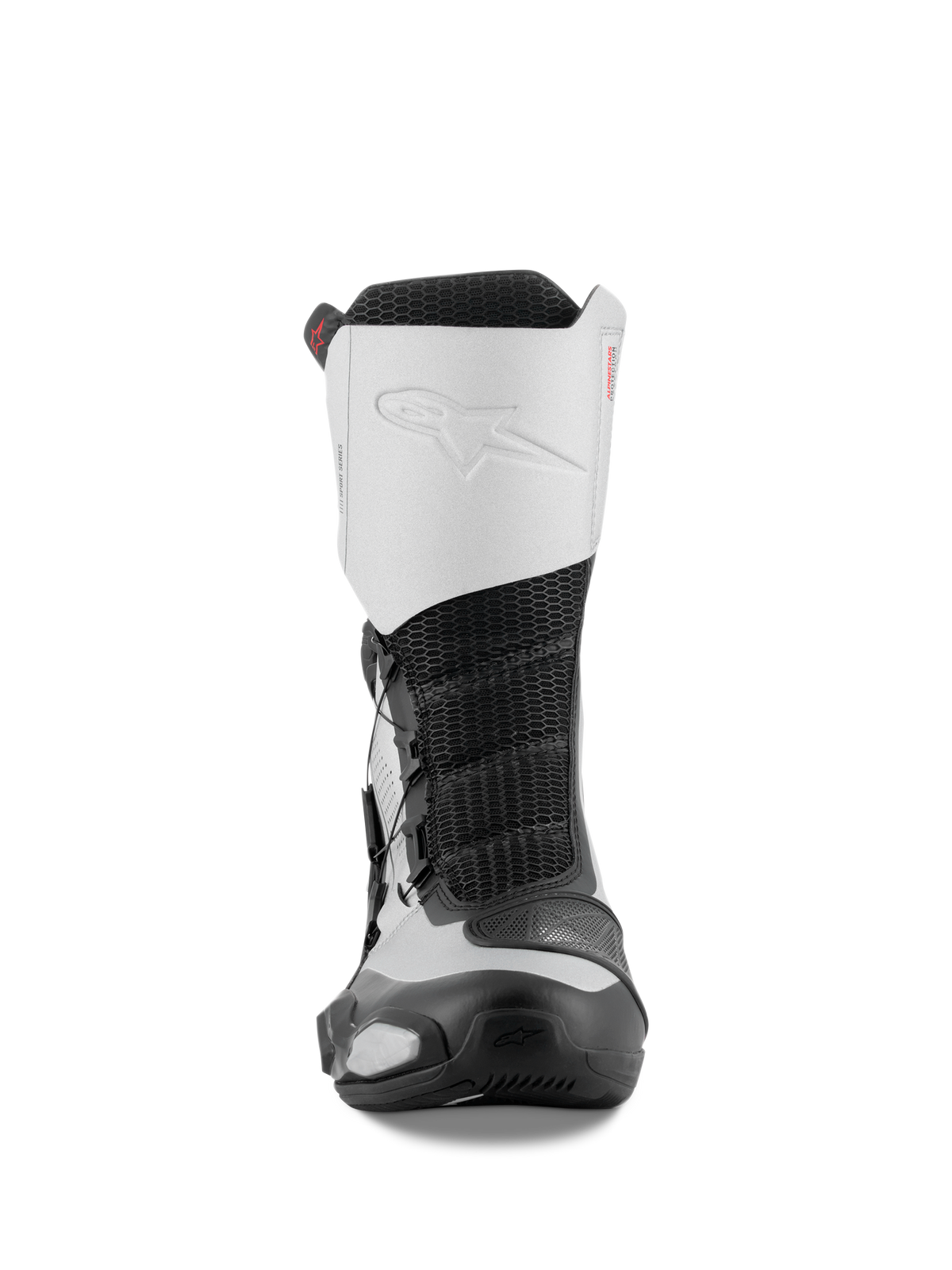 Bottes Alpinestars SP-X BOA, vue de face, noir et argent, bottes de moto sport mi-hautes dotées d'une tige en microfibre blanche avec logo embossé, d'un centre en maille noire et de composants de protection en TPU