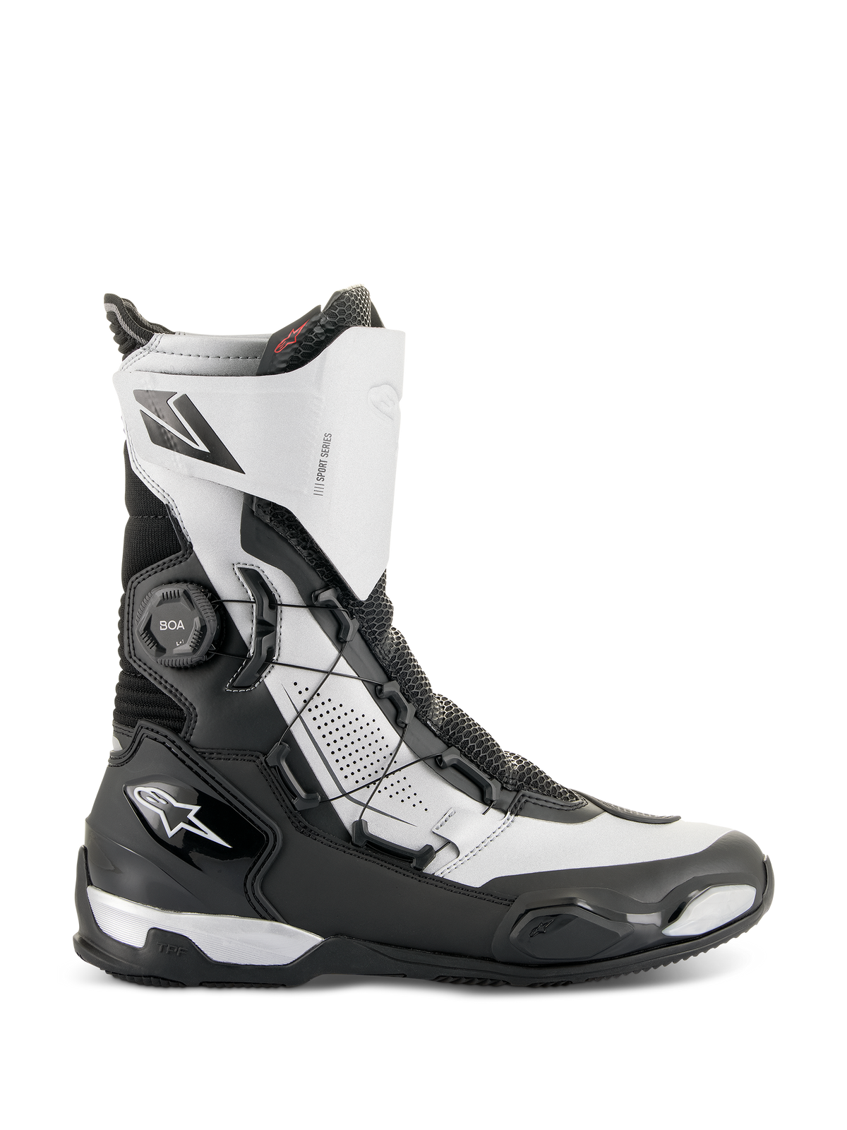 Bottes Alpinestars SP-X BOA®, bottes de sport moto mi-hautes, noir et argent, dotées du système d'ajustement BOA latéral, de protections en TPU et d'un matériau Rideknit respirant, design épuré pour le touring sportif
