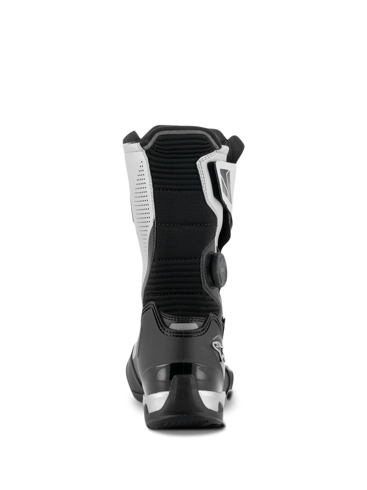 Bottes Alpinestars SP-X BOA®, noir et argent, vue arrière d'une botte de moto sport touring de hauteur moyenne, dotée d'un contrefort de talon en TPU noir, de panneaux latéraux argentés et d'une molette latérale BOA® Fit System, design élégant et protecteur