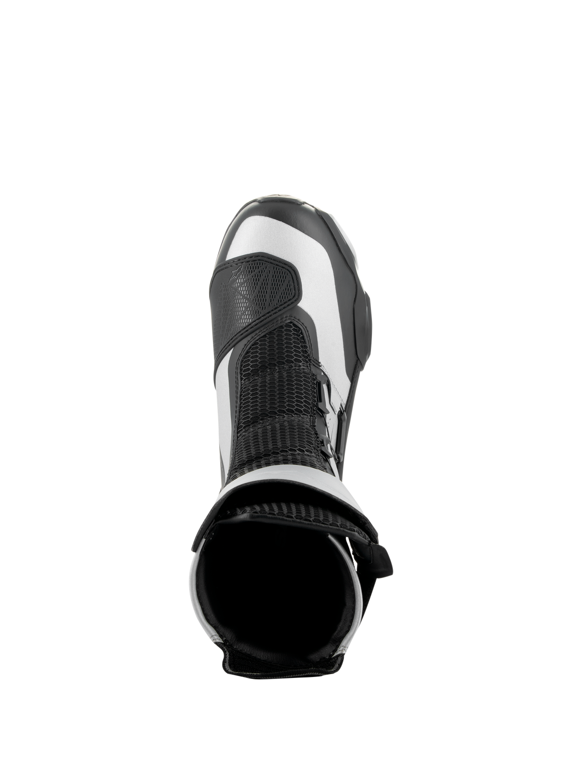 Bottes Alpinestars SP-X BOA, noir et argent, vue de dessus montrant l'ouverture supérieure et la languette en maille, bottes de moto sportives élégantes à mi-hauteur avec construction en microfibre avancée et Rideknit