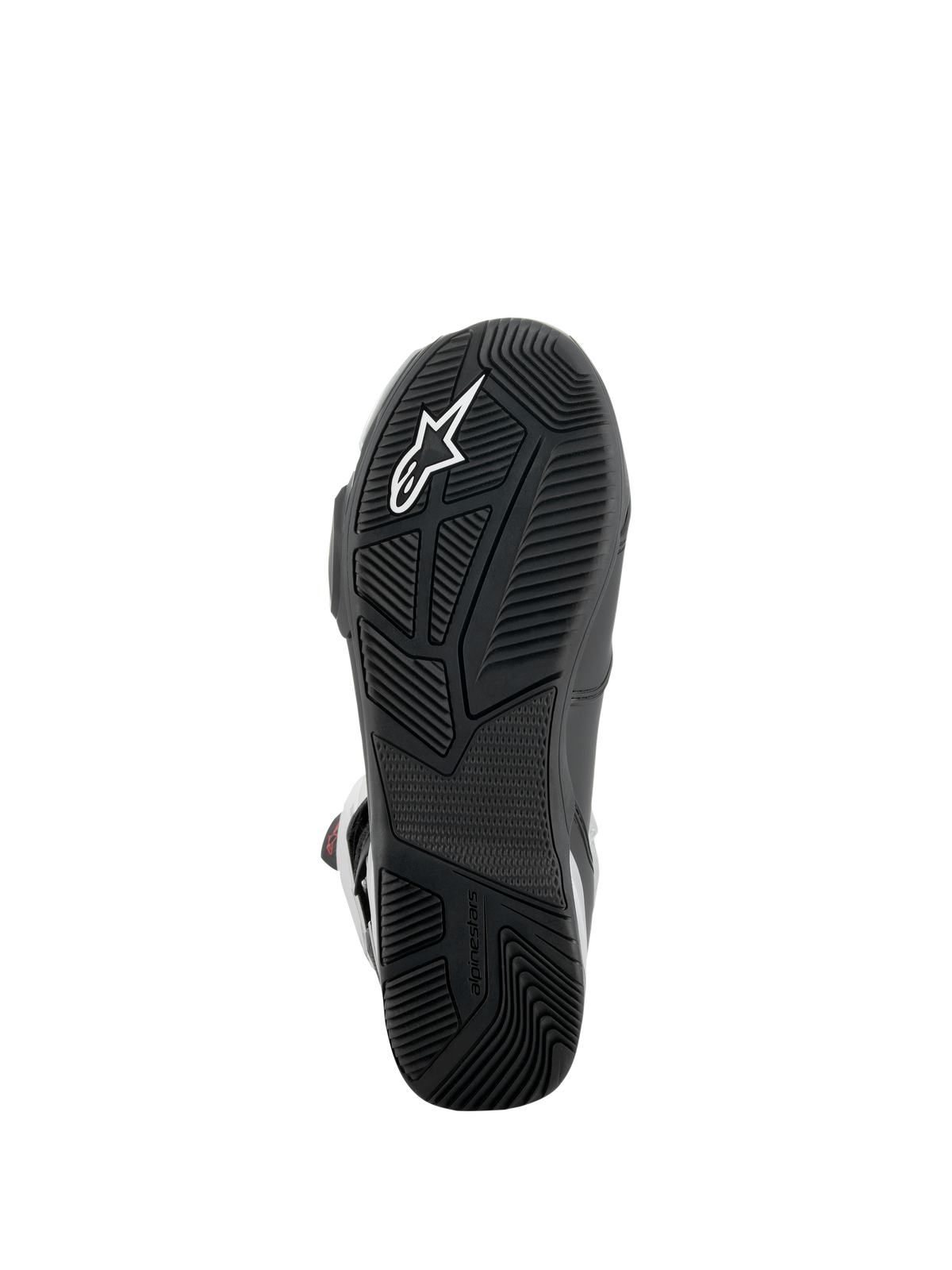 Bottes Alpinestars SP-X BOA®, vue de la semelle, noires, avec semelle extérieure en caoutchouc texturé et logo étoile blanc, talon asymétrique pour la stabilité et motifs d'adhérence spécialisés pour les repose-pieds