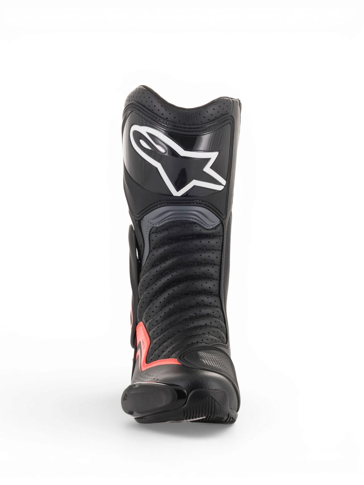 Alpinestars SMX-6 V2 Ventilées, bottes racing de moto noires et grises avec accents rouge fluorescent, vue de face avec tige perforée, protection du tibia et Toe Slider