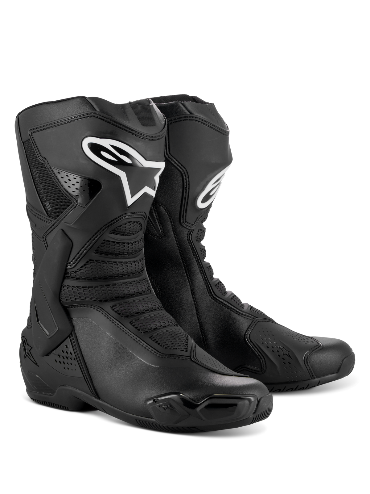 Alpinestars SMX-6 V3 laarzen, performance motorrijlaarzen, zwart, voorzien van TPU-scheenbeen- en enkelbescherming, flexibele mesh-panelen, ergonomisch ontwerp voor sport- en circuitrijden, wit Alpinestars-logo op het scheenbeen