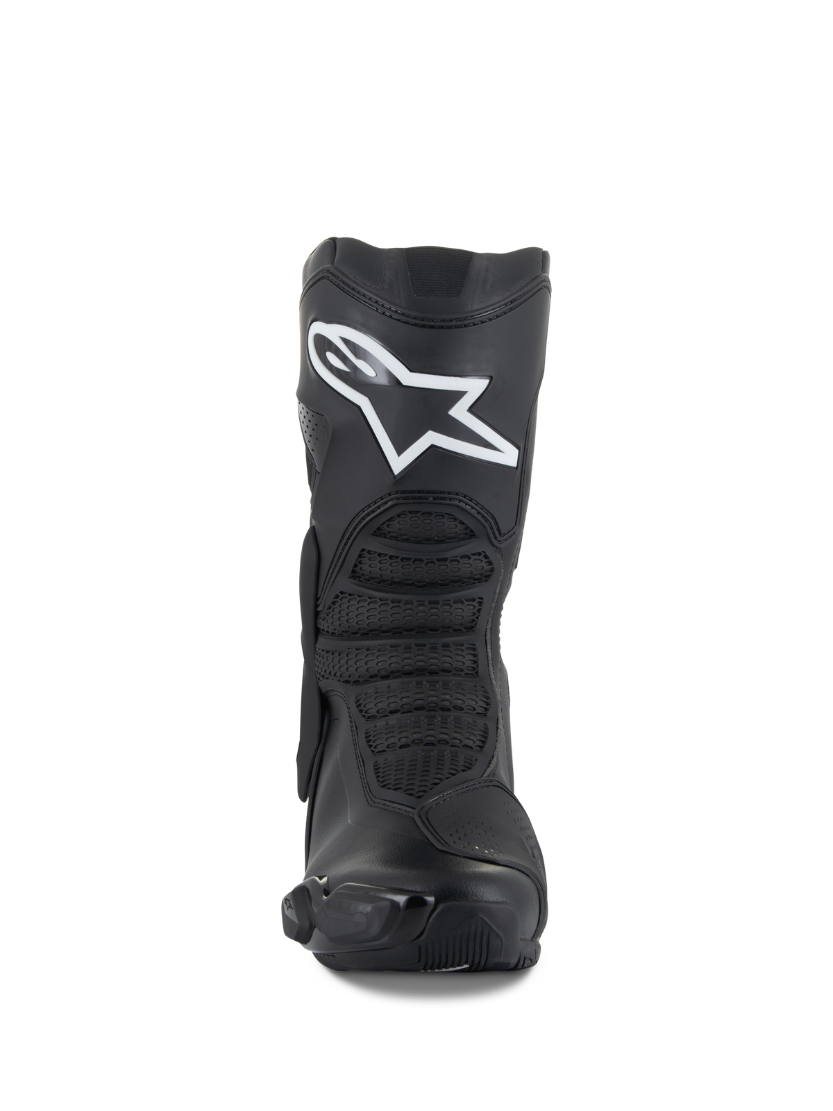 Alpinestars SMX-6 V3 laarzen, zwart, performance motorlaarzen, vooraanzicht met een opvallend wit Astar-logo op het scheenbeen, getextureerde flexzones aan de voorzijde en gestroomlijnde TPU-beschermingselementen.