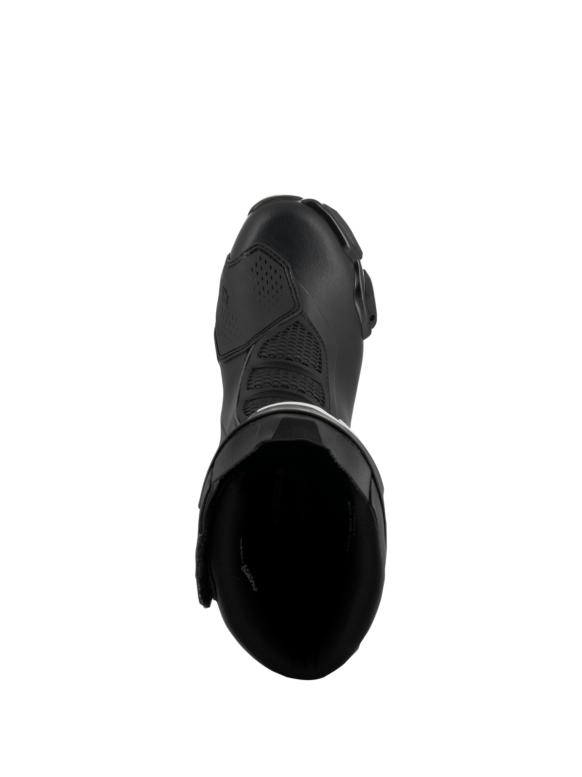 Alpinestars SMX-6 V3 laarzen, zwart, bovenaanzicht met de binnenopening en bovenconstructie, prestatiegerichte motorlaarzen met microvezelmaterialen en mesh flexzones