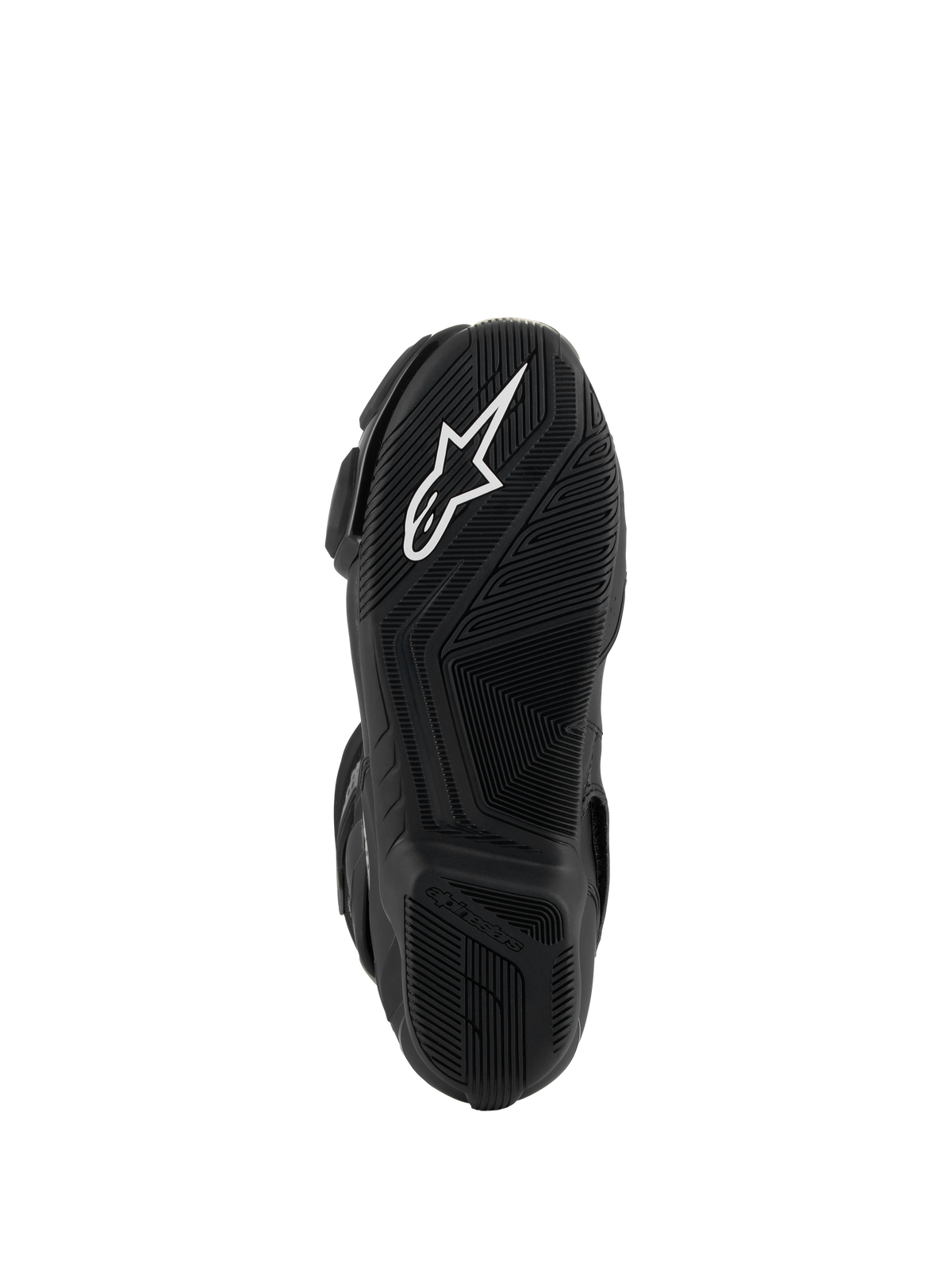 Alpinestars SMX-6 V3 Laarzen, zwart, onderaanzicht van de lichtgewicht rubberen zool, voorzien van een gestructureerd grippatroon, wit Astar-logo en Alpinestars-merknaam in reliëf op de hiel.