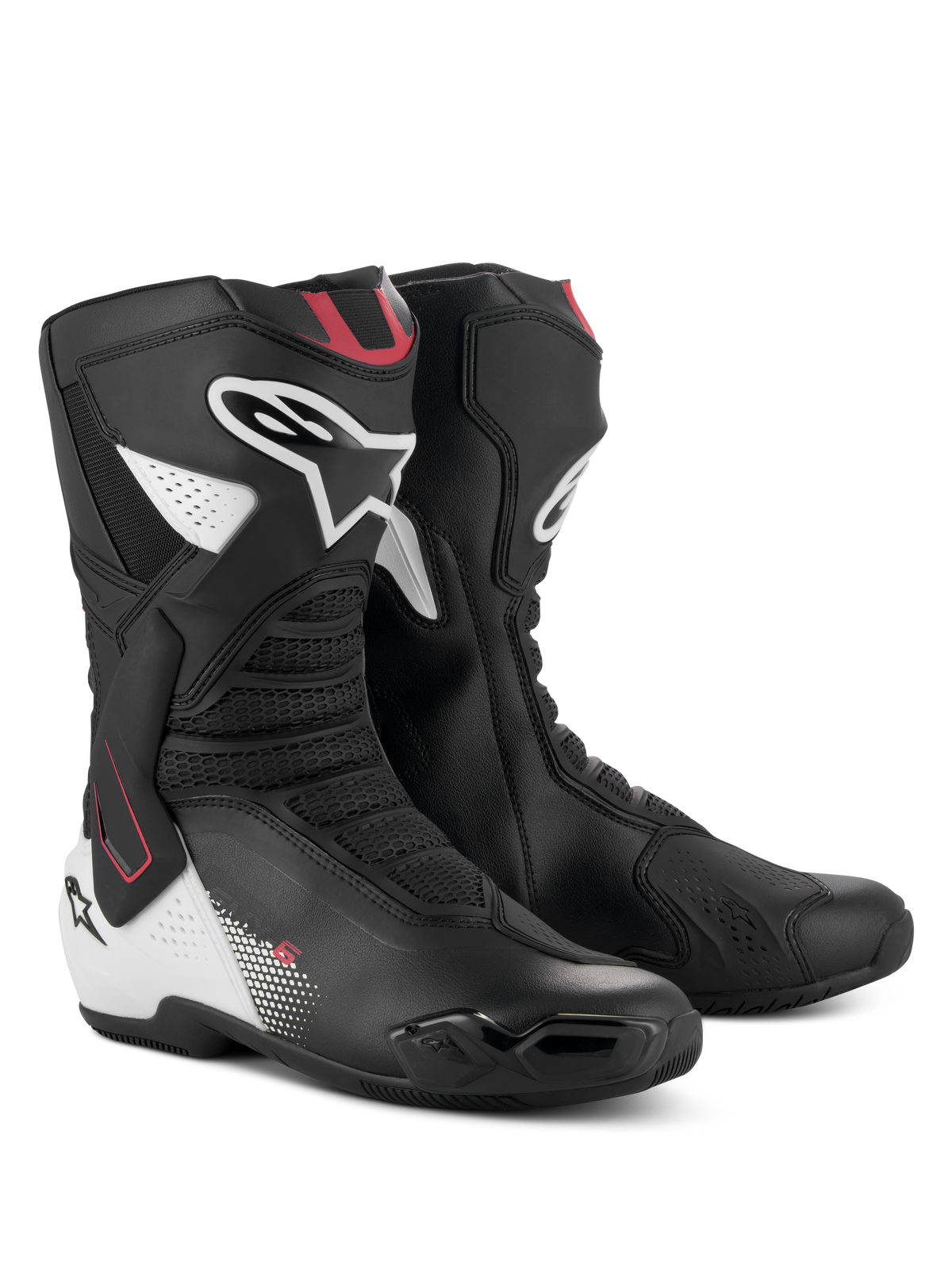 Alpinestars SMX-6 V3 Stiefel, Performance-Motorradstiefel, Schwarz-Weiß-Rote Grafik, mit fortschrittlichem Mikrofaser-Obermaterial, TPU-Knöchelschutzsystem, Mesh-Flexzonen und markantem Alpinestars-Branding an Wade und Ferse.