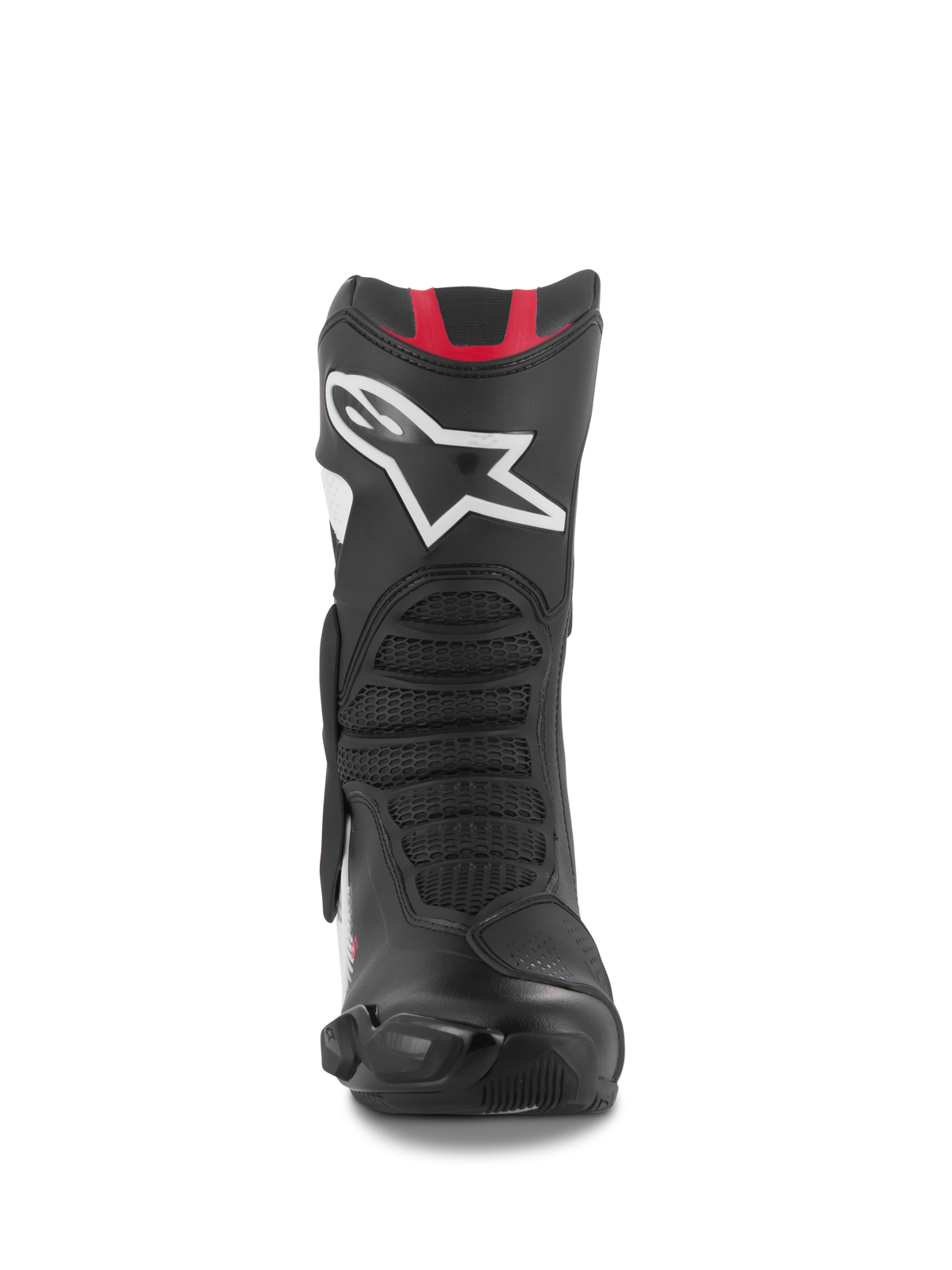 Alpinestars SMX-6 V3 Stiefel, Performance-Motorradstiefel, Schwarz-Weiß-Rot-Grafik, Vorderansicht mit einem großen weißen Astar-Logo auf dem Schienbein, roten Akzenten oben und Flexzonen mit Mesh-Struktur für die Rennstrecke und die Straße.