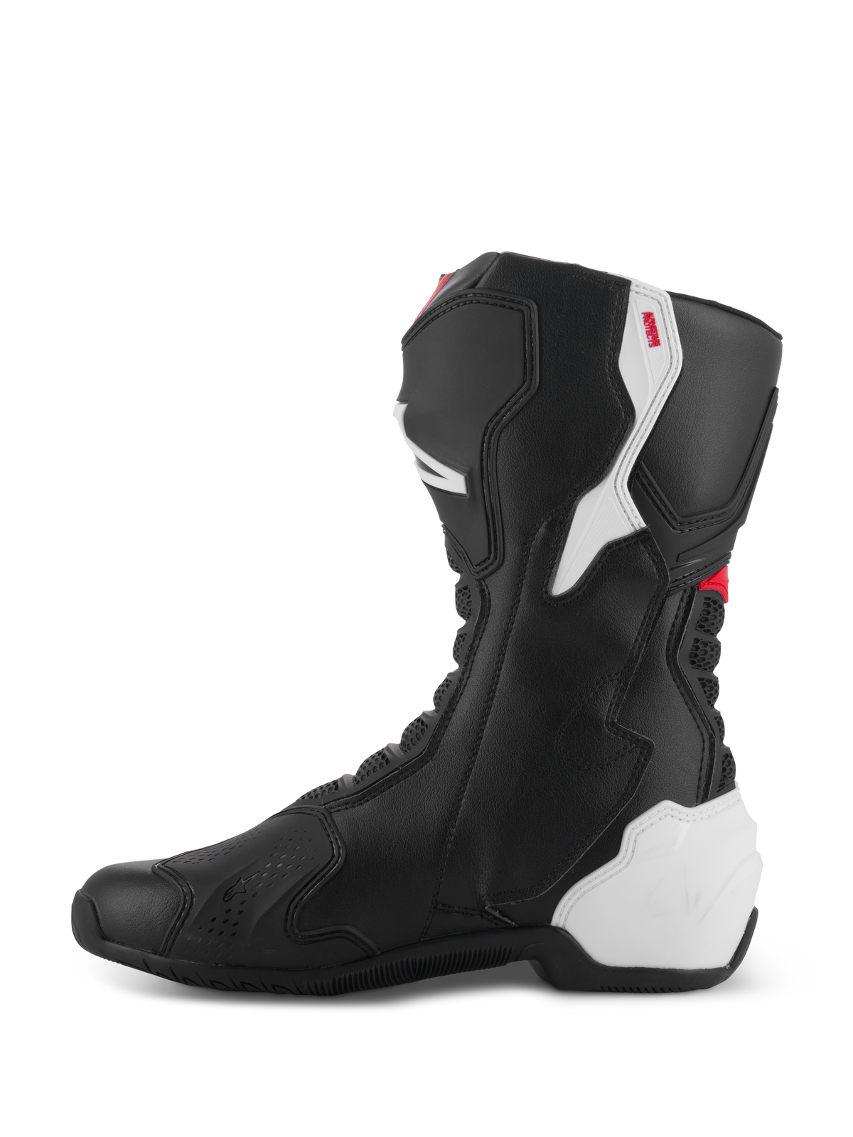 Alpinestars SMX-6 V3 Stiefel, Performance-Motorradstiefel, Schwarz-Weiß-Rote Grafik, Innenansicht, schwarze Mikrofaser-Konstruktion mit weißen TPU-Schutzpaneelen an Ferse und Wade, roten Akzenten und flexiblen Akkordeon-Zonen für verbesserte Beweglichkeit und Schutz.
