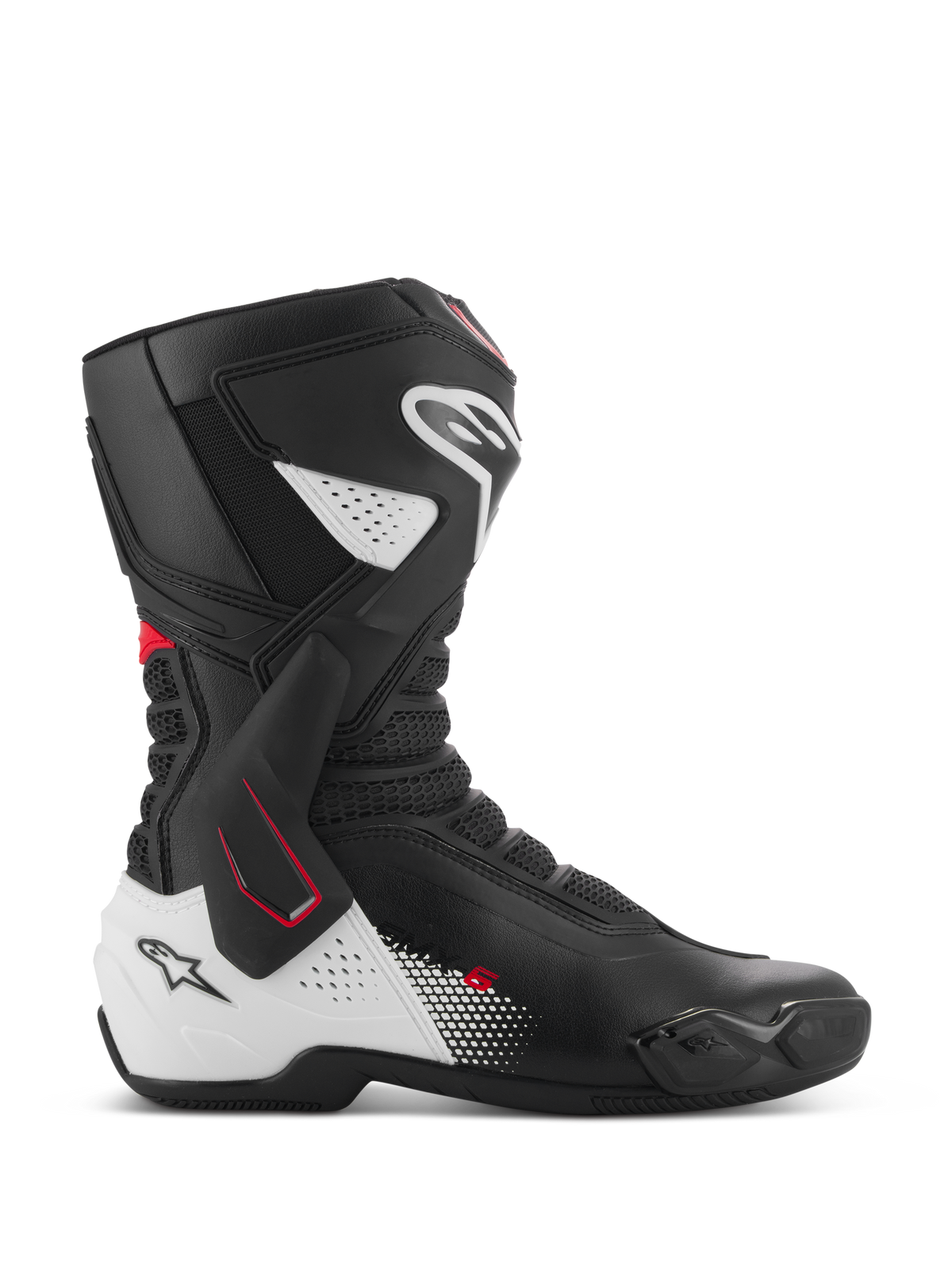 Alpinestars SMX-6 V3 Stiefel, Performance-Motorradrennstiefel, Schwarz, Weiß und Rot, Seitenprofil mit seitlicher TPU-Knöchelstütze, verstärktem Schienbein- und Fersenschutz, perforierten Mesh-Flexzonen und austauschbaren Zehenschleifern für Rennstrecke und Straße