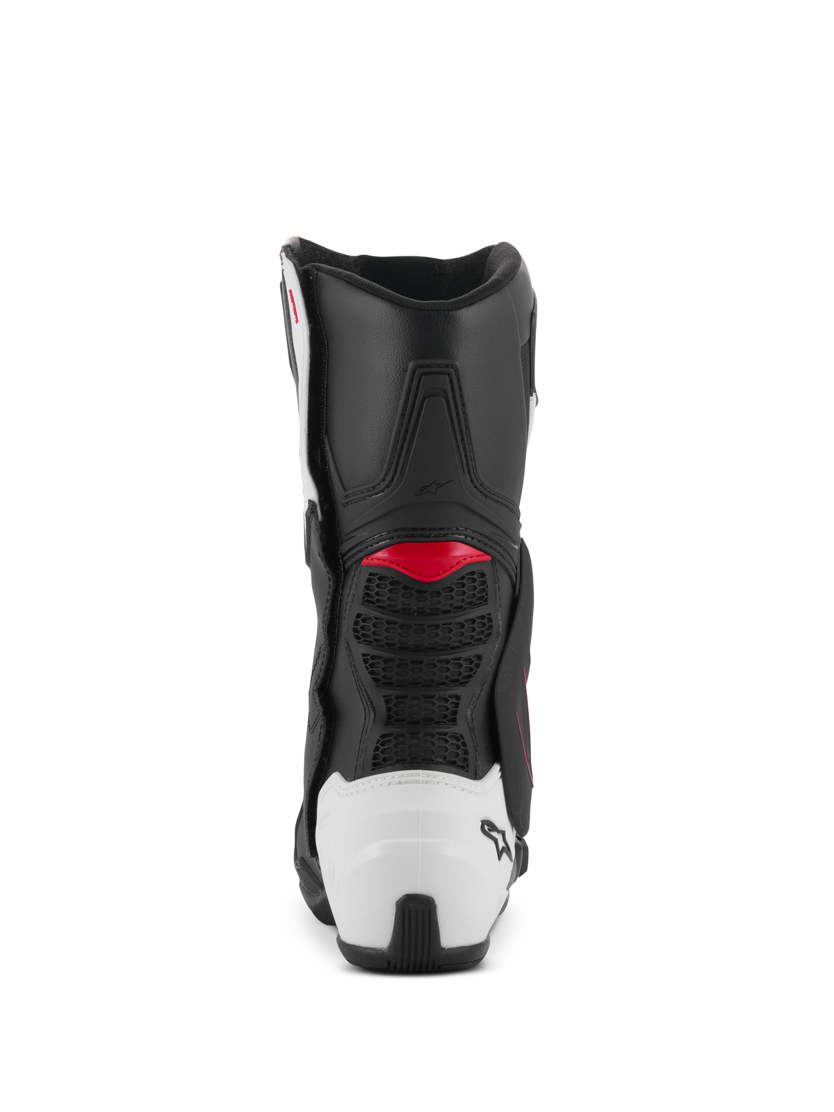 Alpinestars SMX-6 V3 Stiefel, Performance-Motorradstiefel, schwarz-weiß-rote Grafik, Rückansicht mit weißer TPU-Fersenschale und roten Akzenten, entwickelt für Performance auf Rennstrecke und Straße
