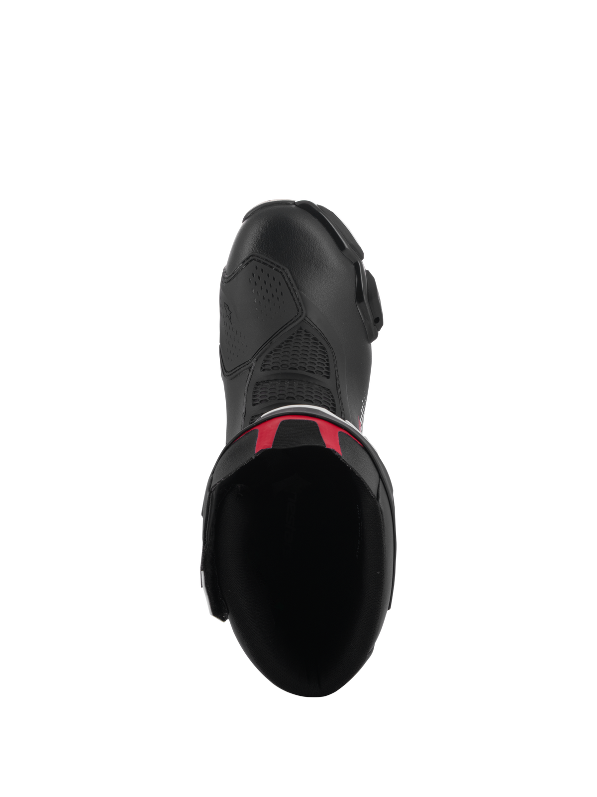 Alpinestars SMX-6 V3 Stiefel, Performance-Motorradstiefel, Schwarz mit roten Akzenten, Draufsicht mit Blick auf die Innenöffnung und das Mikrofaser-Obermaterial, schlankes ergonomisches Design für Motorradrennen