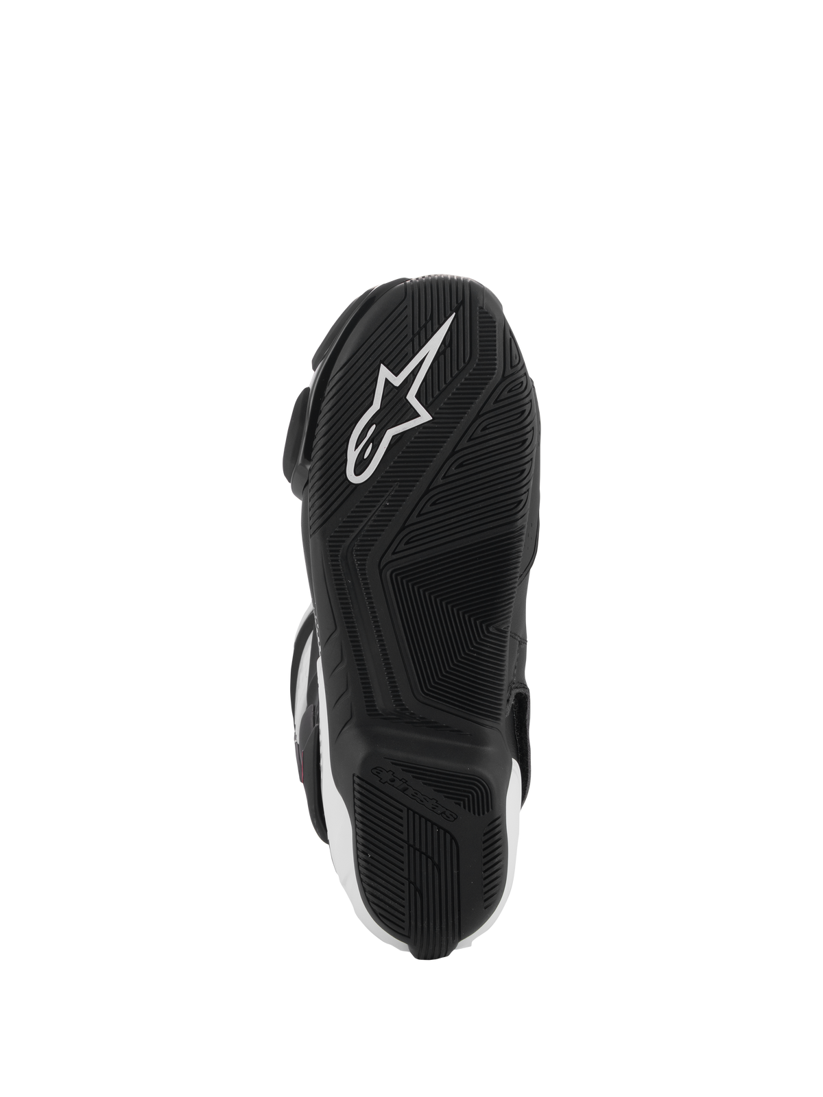 Alpinestars SMX-6 V3 Stiefel, Unteransicht der Sohle, schwarzer Gummi mit strukturiertem Profilmuster, mit weißem Alpinestars Stern-Logo, Performance-Motorradstiefel