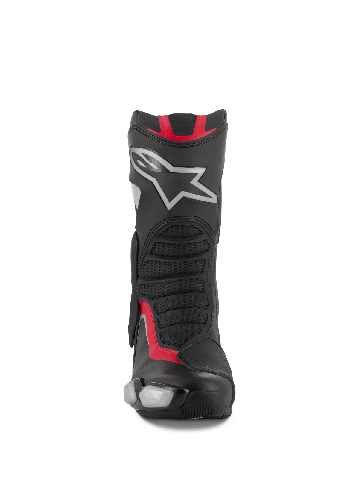Alpinestars SMX-6 V3 Boots, Motorcycle Racing and Sport Boots, Black Silver and Red, front view featuring TPU shin plate with silver star logo, mesh flex panels, and performance microfiber construction