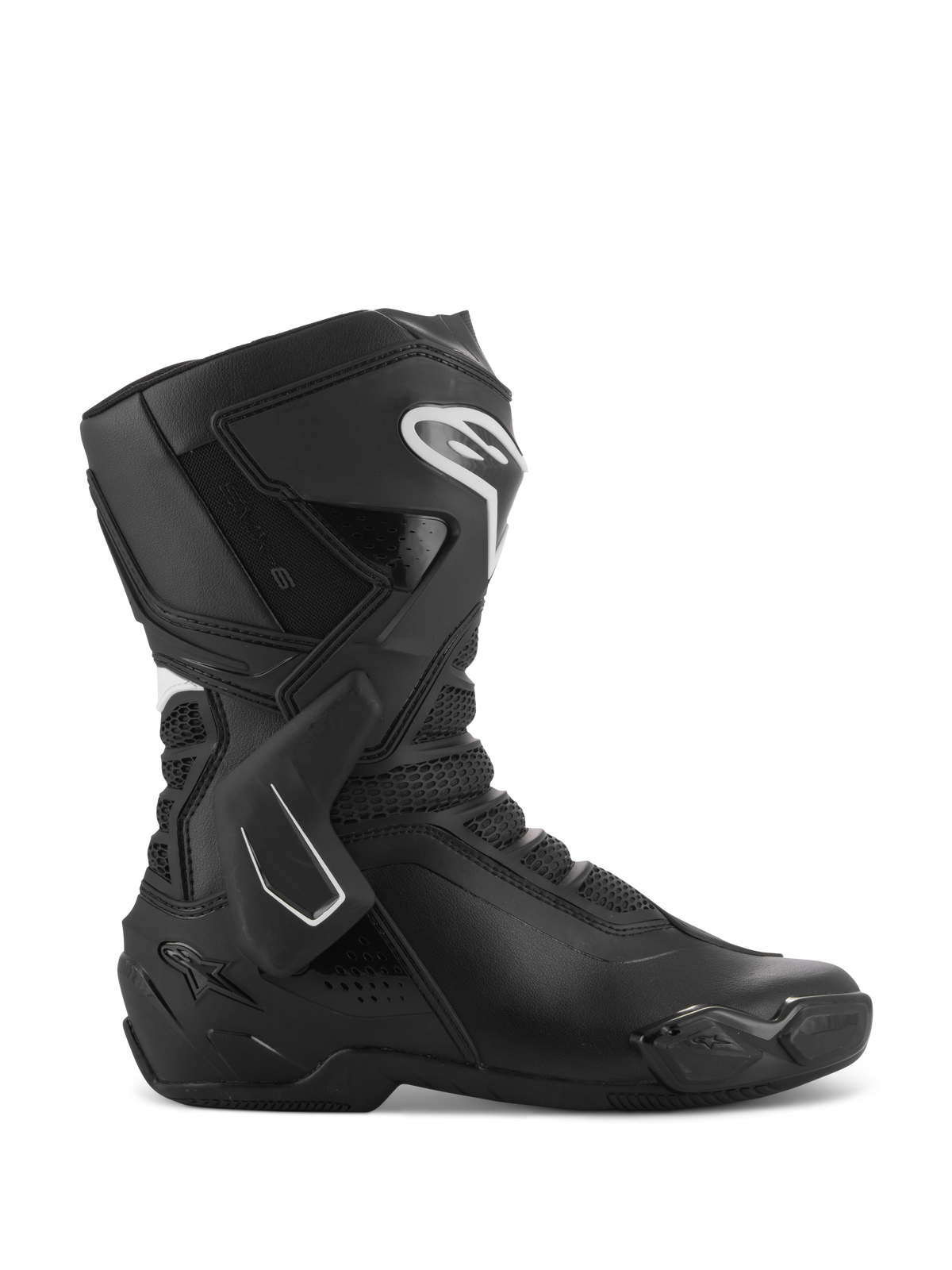 Alpinestars Stella SMX-6 V3 laarzen, dames motorracinglaarzen, zwart en wit, zijaanzicht met TPU-enkelbrace en scheenbeschermers, ademende mesh-panelen, wit Alpinestars logo op de voorzijde, ontworpen voor circuit- en straatprestaties