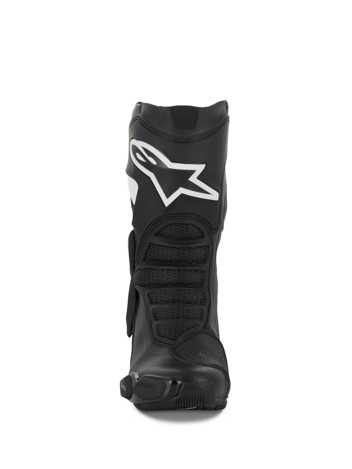 Alpinestars Stella SMX-6 V3 laarzen, dames motorlaarzen, zwart en wit, vooraanzicht met het witte Alpinestars-logo op het scheenbeen, TPU-bescherming en ergonomische flexpanelen, ontworpen voor prestaties op het circuit en de straat.