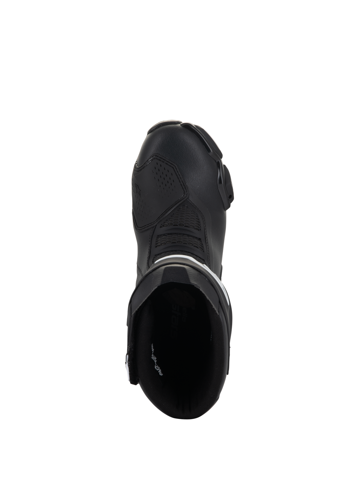 Alpinestars Stella SMX-6 V3 laarzen, race- en sportmotorlaarzen voor dames, zwart en wit, bovenaanzicht met de instapopening en gestroomlijnde neus, duurzame microvezelconstructie.