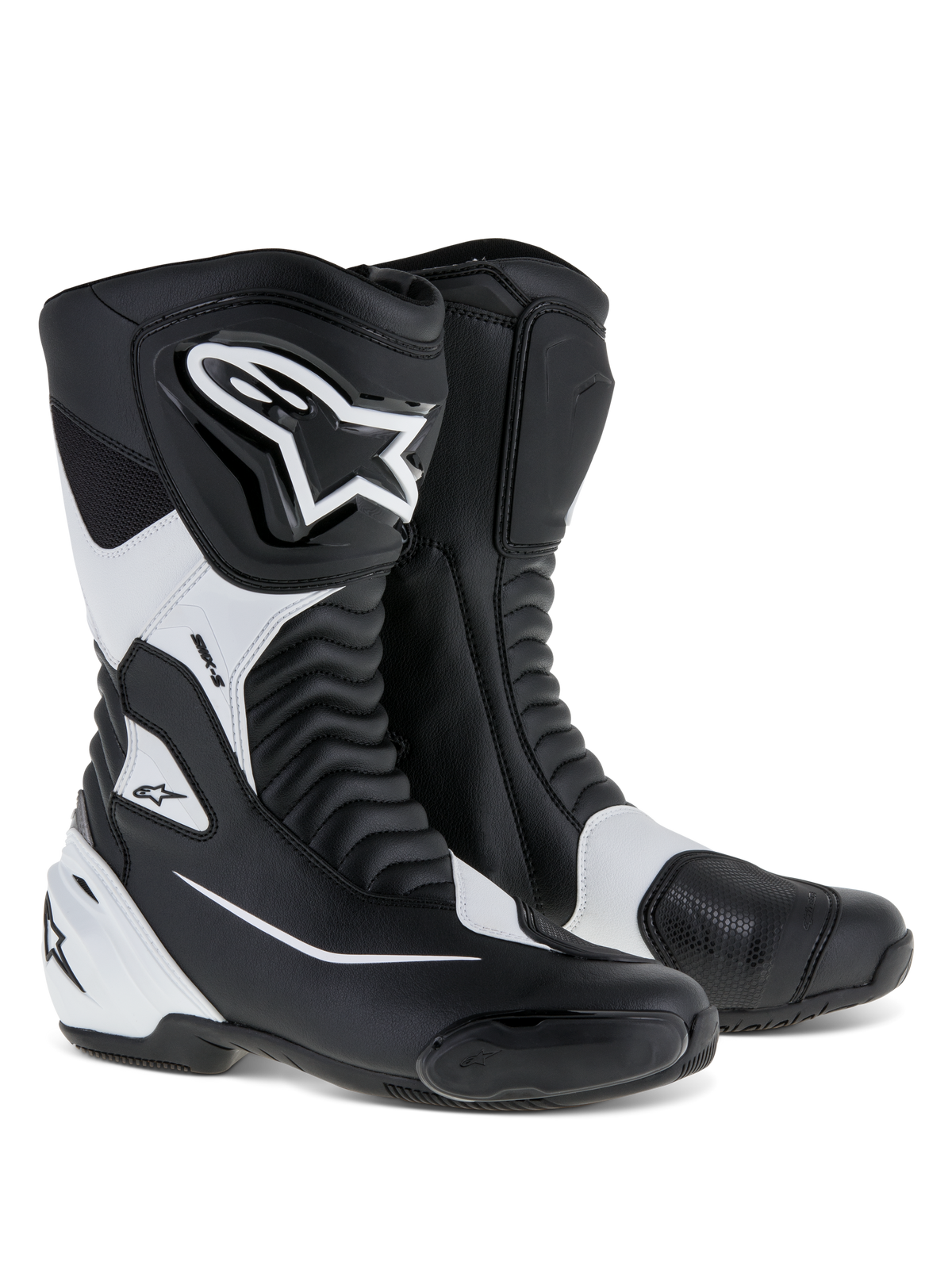 Alpinestars SMX S Stiefel, Sportmotorrad-Stiefel, Schwarz und Weiß, strapazierfähiges Mikrofaser-Obermaterial, PU-Schienbein- und Fersenschutz, Akkordeon-Flex-Einsätze, markantes Alpinestars-Branding, Performance-Straßenstiefel