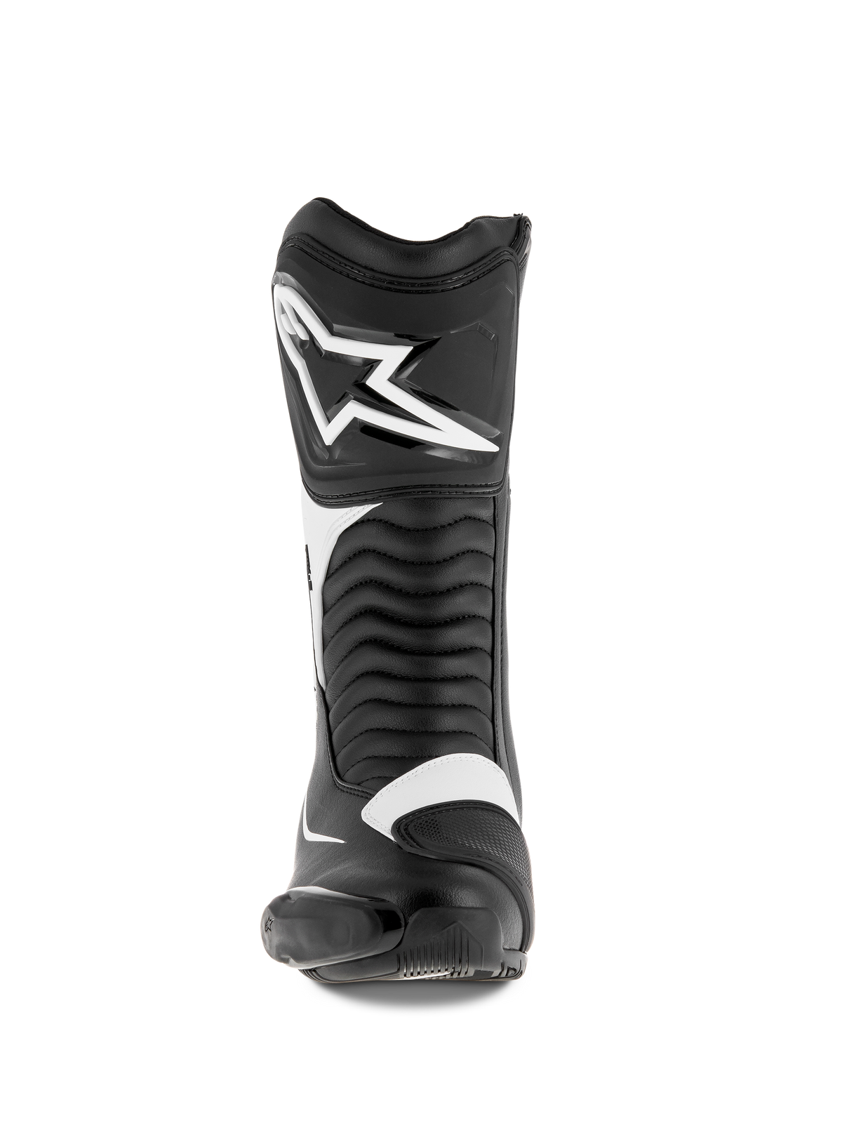 Bottes Alpinestars SMX S, bottes de moto, noir et blanc, vue de face présentant un grand logo Alpinestars blanc sur le tibia, des panneaux flexibles en accordéon et une construction en microfibre durable avec des boucliers de protection en PU