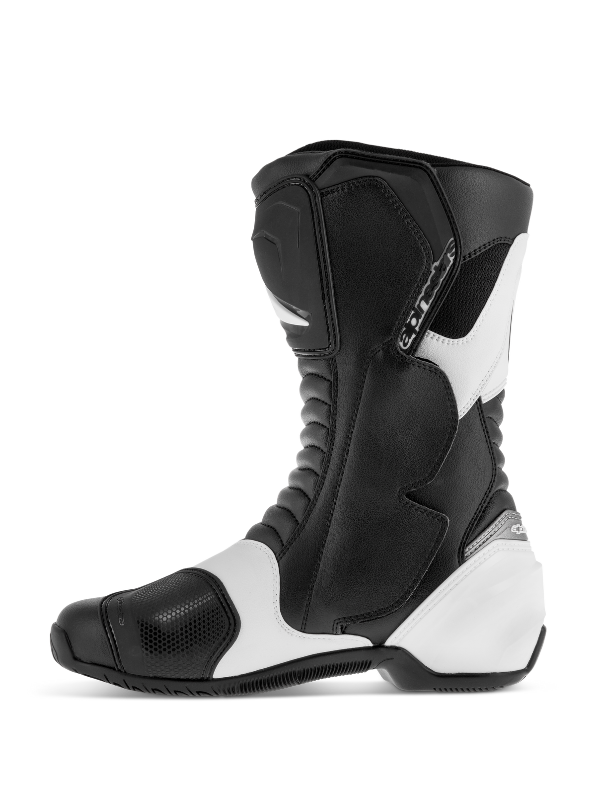 Bottes Alpinestars SMX S, bottes de moto sport route, noir et blanc, profil latéral montrant la tige en microfibre résistante avec protections renforcées au tibia, à la cheville et au talon, empiècements blancs et zones de flexion en accordéon.