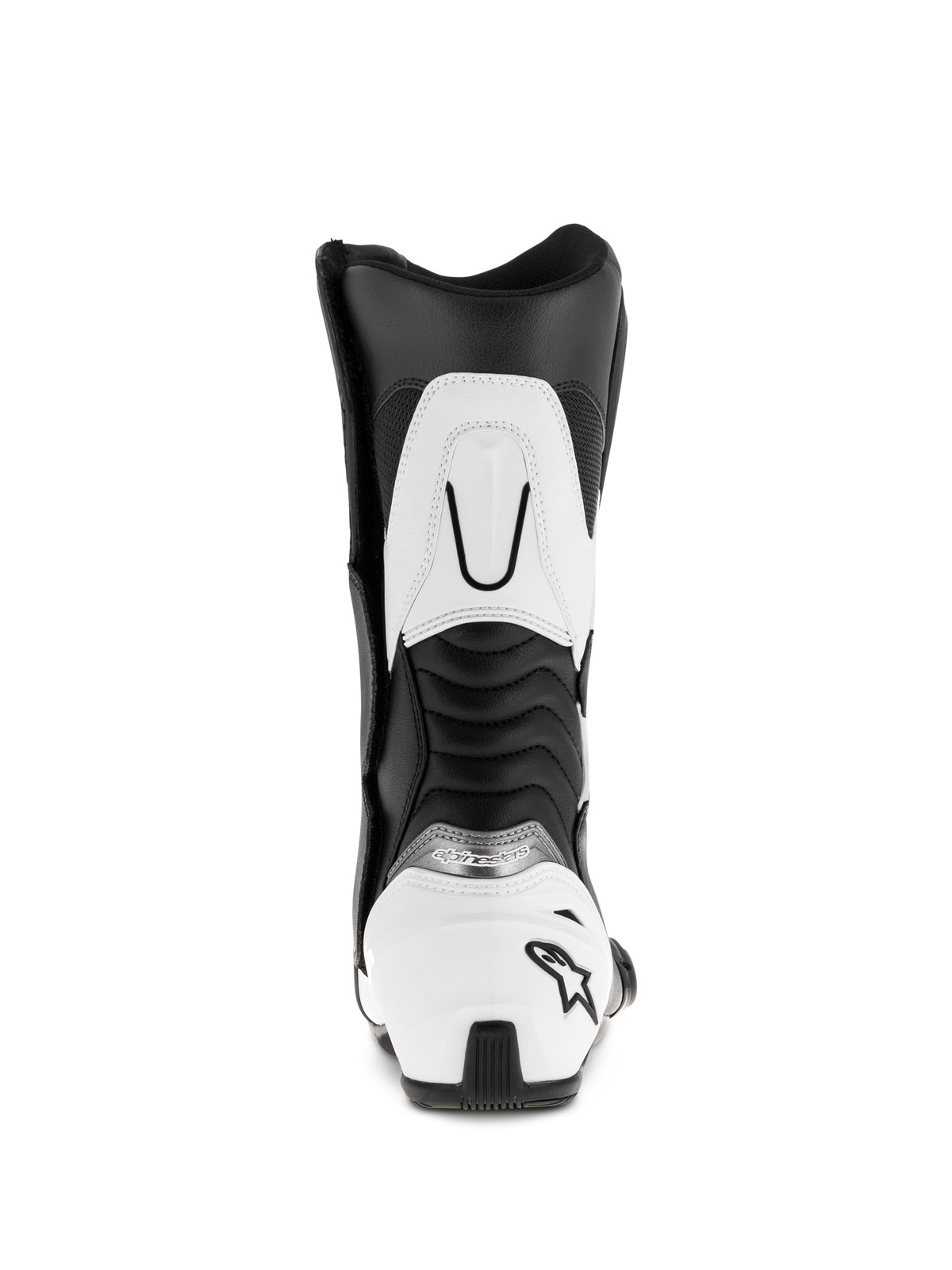 Bottes Alpinestars SMX S, noir et blanc, vue arrière montrant le contrefort de talon blanc avec logo étoile noir, panneaux flexibles en accordéon côtelés et renfort supérieur du mollet blanc, bottes de moto sport durables en microfibre