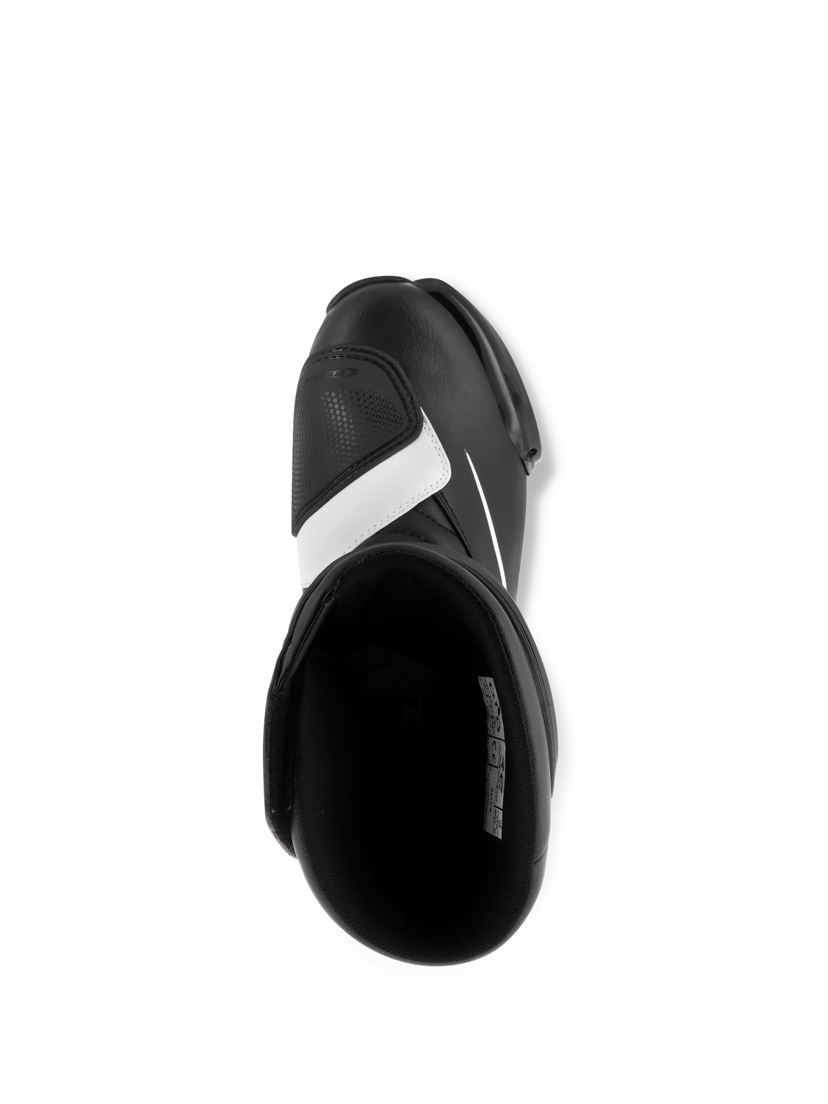 Bottes Alpinestars SMX S, noir et blanc, vue de dessus montrant l'intérieur et le renfort de sélecteur, construction en microfibre durable, chaussures de moto sport