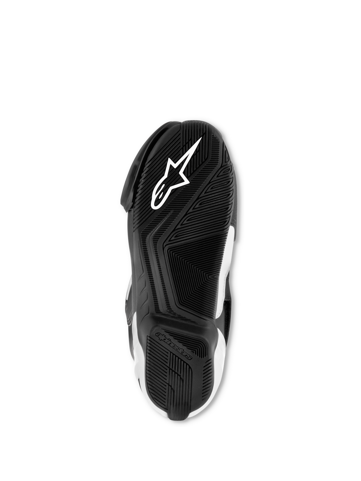 Bottes Alpinestars SMX S, noir et blanc, vue de dessous de la semelle exclusive en mélange de caoutchouc, avec logo Astar blanc et motif d'adhérence texturé pour la traction et le soutien.