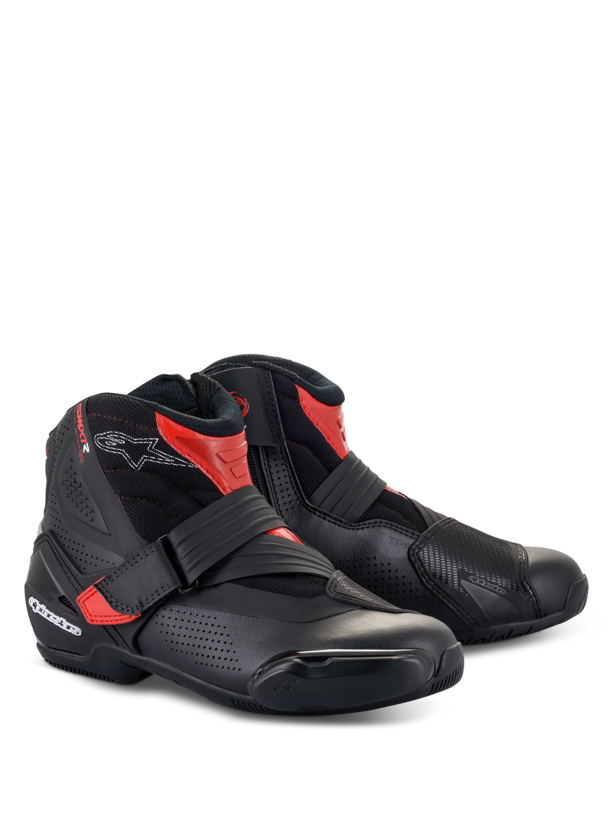 Alpinestars SMX-1 R V2 Vented Stiefel, niedrig geschnittene Motorrad-Fahrschuhe, Schwarz und Rot, mit perforierter Mikrofaser für Luftzirkulation, TPU-Schutz und Riemenverschluss für sportliches Straßenfahren.