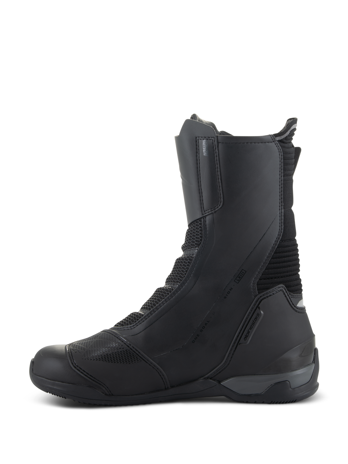 Alpinestars SP-X BOA Drystar Boots, Mid-Length Sport Touring Motorcycle Boots, Black, medial side view showing microfiber and mesh construction, reinforced heel counter, and sleek protective design for road riding