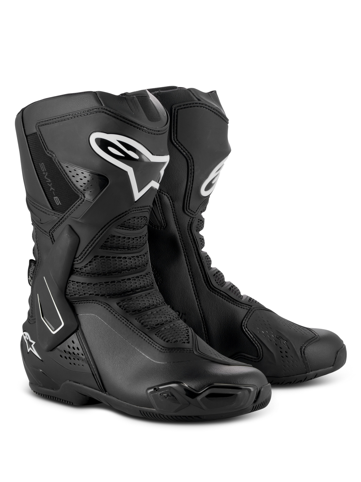 Alpinestars SMX-6 V3 Drystar® laarzen, hoogwaardige motorlaarzen, zwart, met TPU-scheenbeschermers en wit Alpinestars-logo, vervangbare teensliders, geavanceerde microvezelconstructie, sport- en straatmotoruitrusting