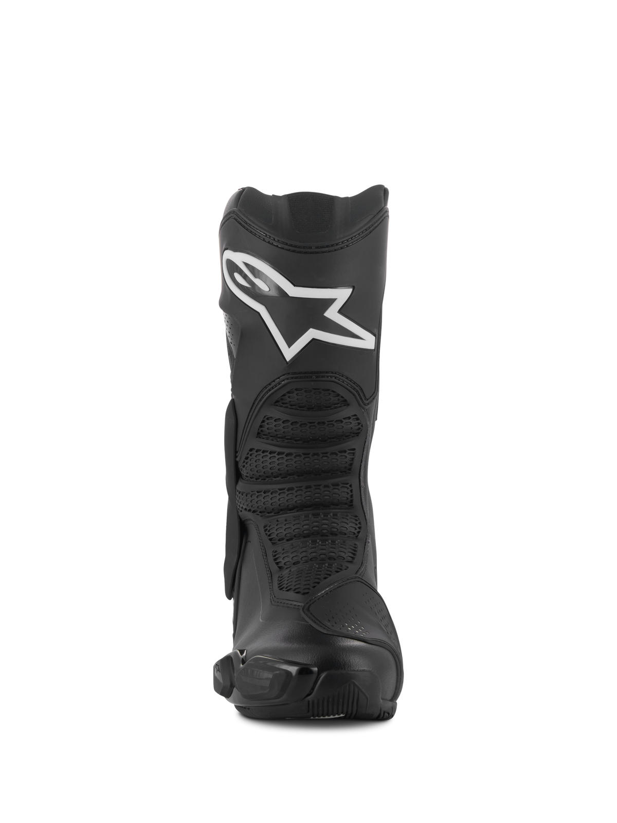 Alpinestars SMX-6 V3 Drystar® laarzen, zwart, vooraanzicht, sportieve en hoogwaardige motorlaarzen met wit Alpinestars-logo op het scheenbeen, TPU-beschermers en getextureerde flex-zones