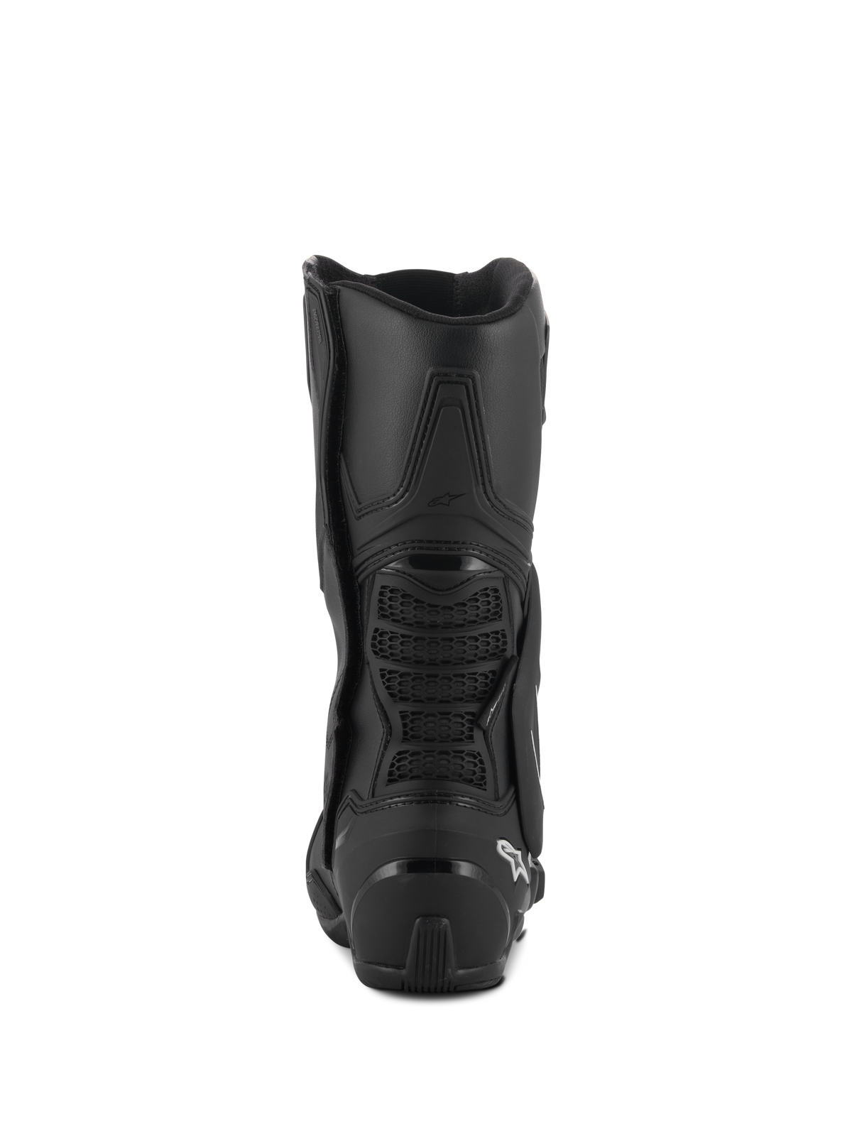 Alpinestars SMX-6 V3 Drystar® laarzen, performance motorlaarzen, zwart, achteraanzicht met TPU-hielbeschermer en kuitbrug aan de achterzijde met mesh-detail, wit logo op de hiel