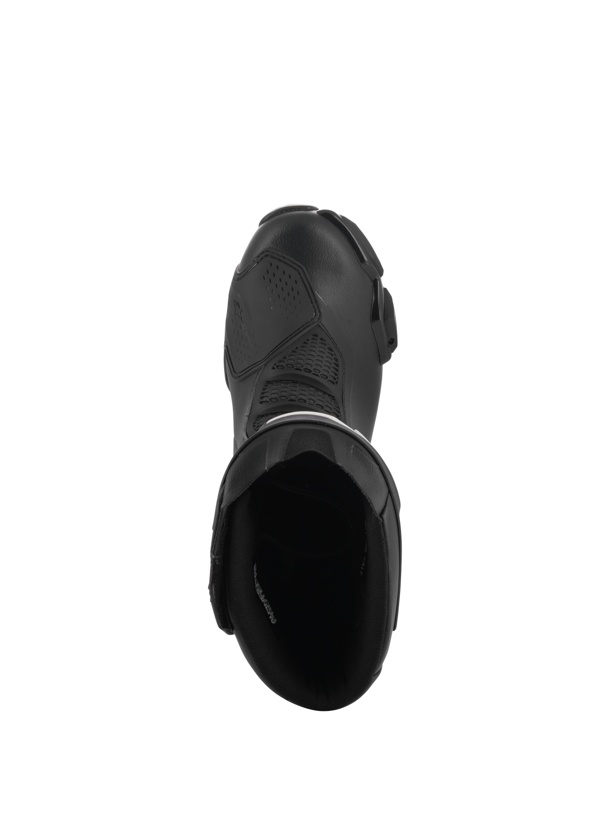 Alpinestars SMX-6 V3 Drystar® laarzen, zwart, bovenaanzicht met inkijk in de opening van de laars, bovenwerk van microvezel met TPU-schakelpad en binnenvoering, waterdichte sport- en straatmotorlaarzen