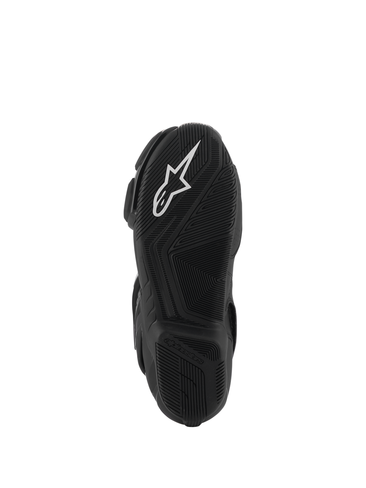 Alpinestars SMX-6 V3 Drystar® laarzen, onderaanzicht van de zwarte rubberen zool, met een wit A-star logo op het voorste loopvlak en Alpinestars-merknaam in reliëf op de hiel, gedetailleerd getextureerd patroon voor grip en prestaties