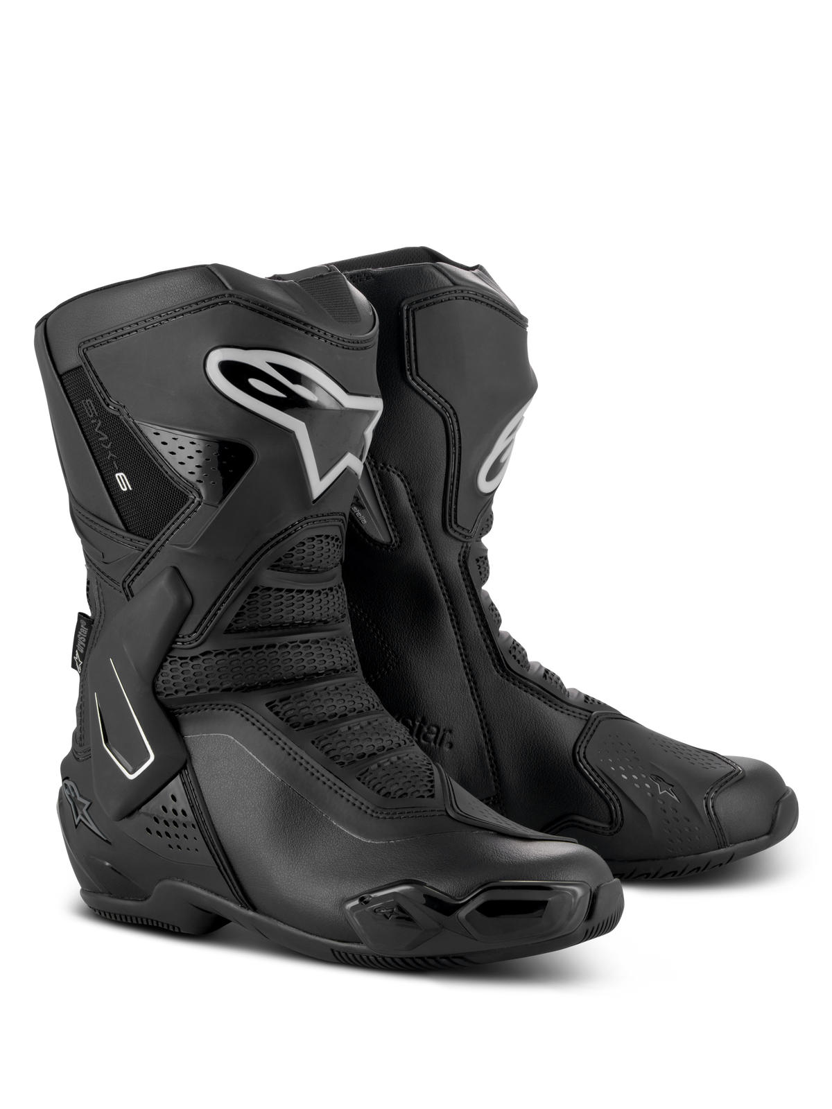 Bottes Alpinestars Stella SMX-6 V3 Drystar, bottes de moto de performance pour femme, noir et argent, tige en microfibre imperméable avec protection TPU, design dérivé de la course pour la piste et la route