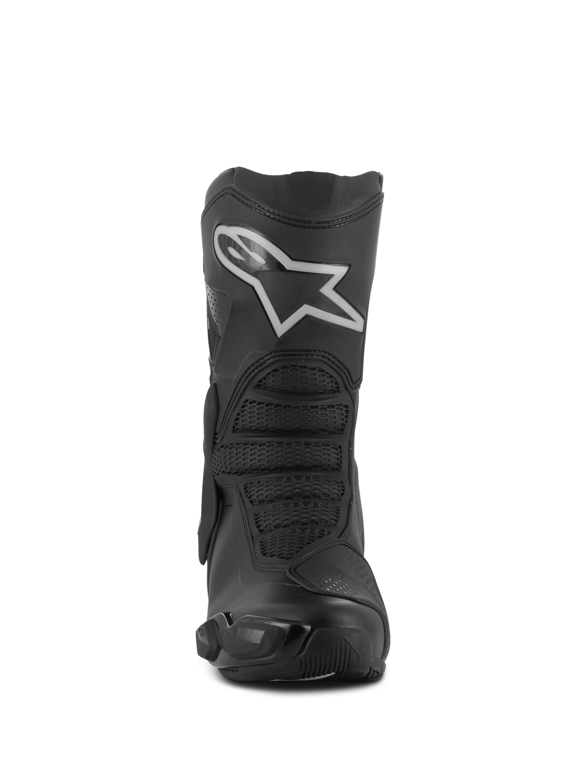 Bottes Alpinestars Stella SMX-6 V3 Drystar®, bottes de moto pour femme, noir et argent, vue de face avec logo Astar blanc proéminent sur la plaque tibiale, construction en microfibre avancée avec zones de protection texturées