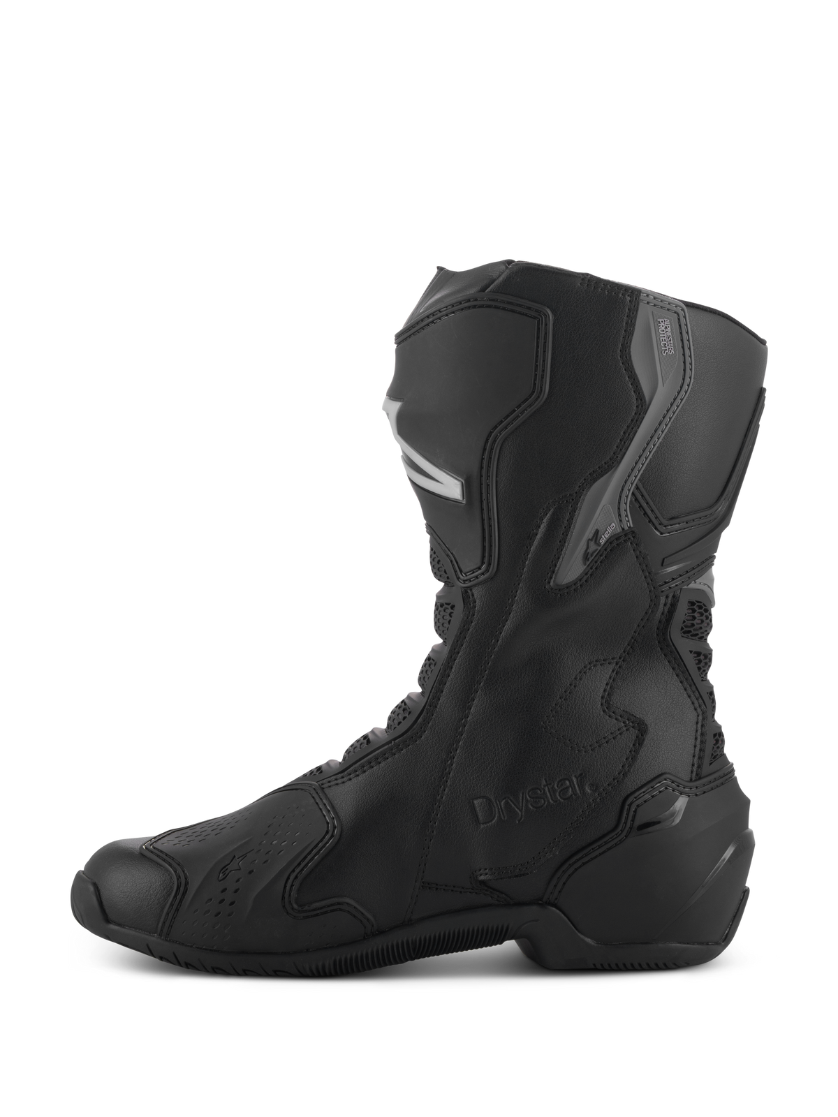 Bottes Alpinestars Stella SMX-6 V3 Drystar®, bottes de moto imperméables pour femme, noir et argent, vue de profil présentant des protections de tibia et de cheville en TPU, logo Drystar embossé, construction en microfibre durable pour le pilotage sportif et routier.