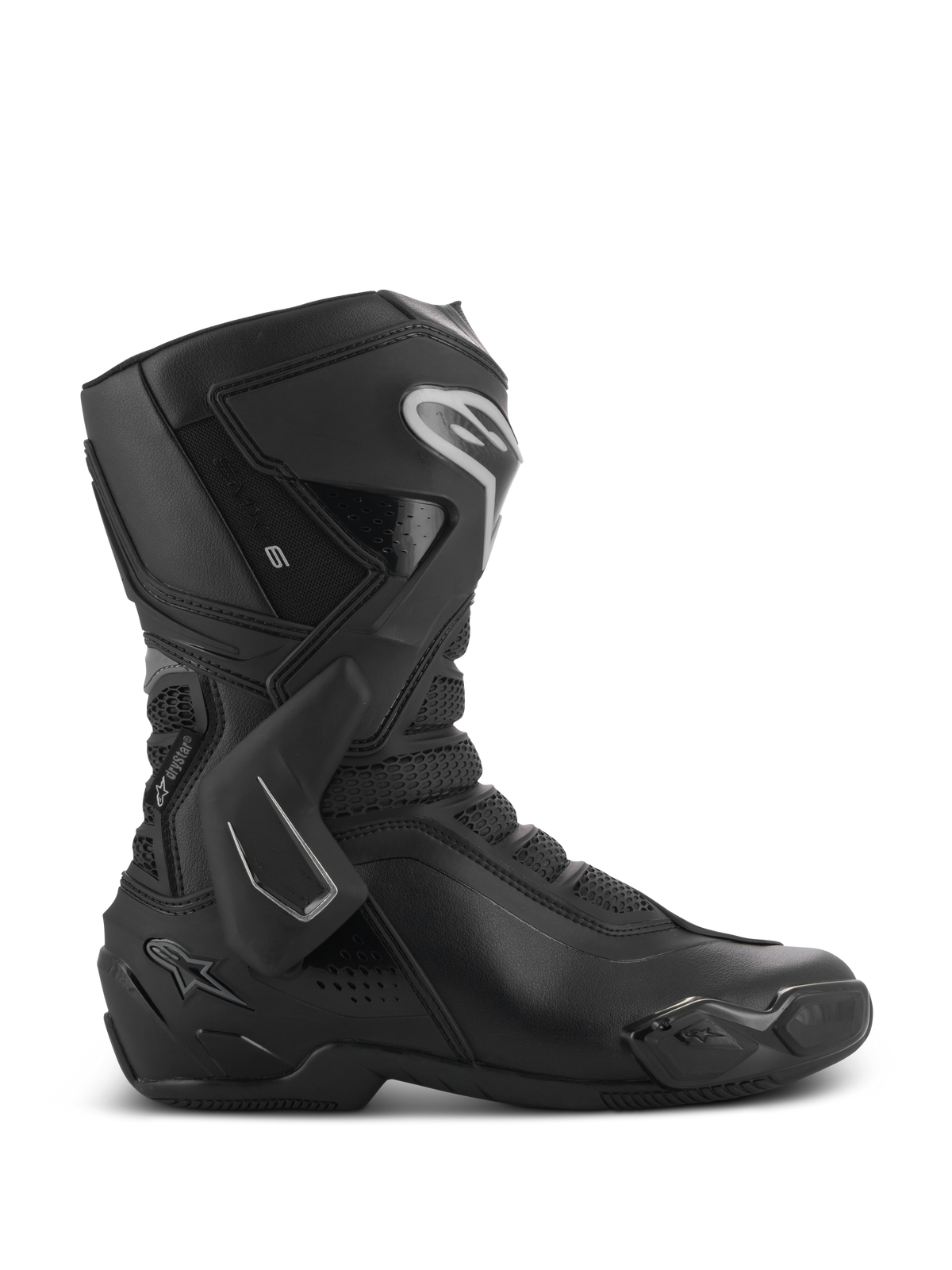 Bottes Alpinestars Stella SMX-6 V3 Drystar, bottes de moto pour femme, noires avec accents argentés, membrane Drystar imperméable, dotées d'une plaque de tibia en TPU, d'une protection de cheville et d'un slider d'orteil, équipement de pilotage haute performance