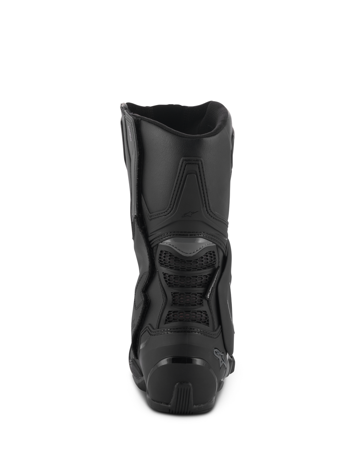 Bottes Alpinestars Stella SMX-6 V3 Drystar®, Noir, vue arrière montrant le contrefort de talon en TPU et la protection arrière du mollet, bottes de moto imperméables haute performance pour femme