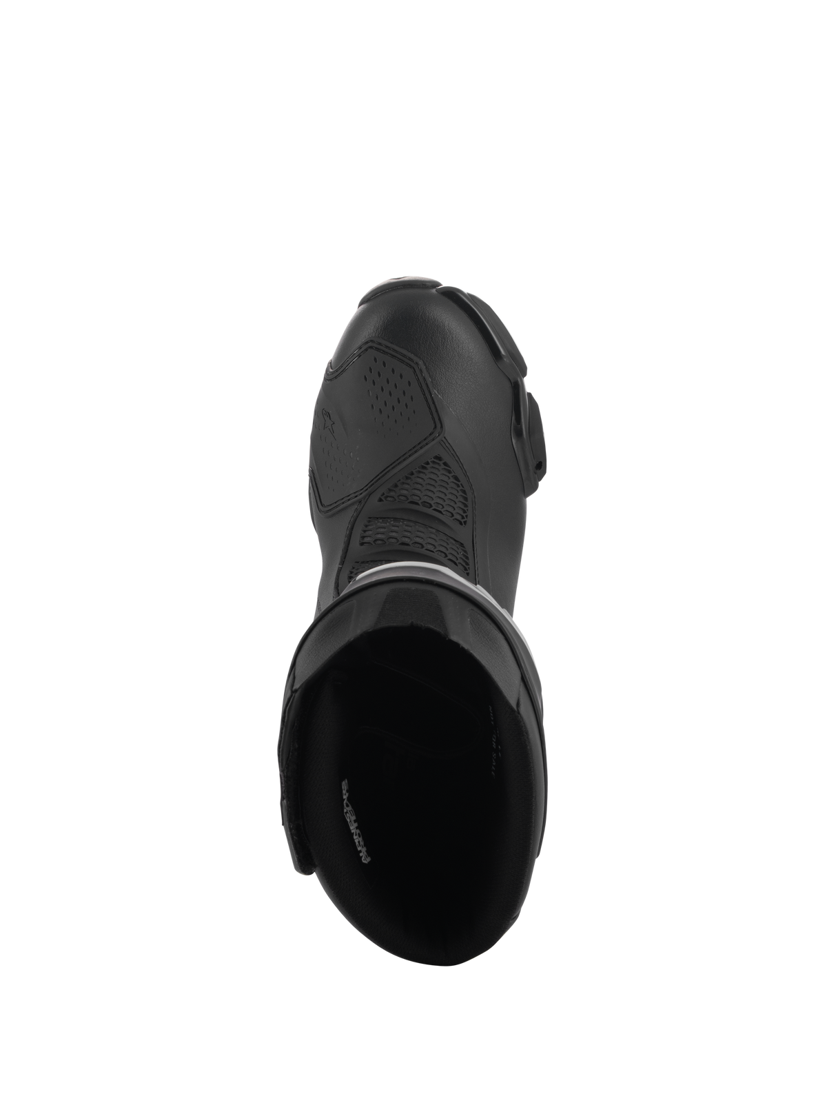 Bottes Alpinestars Stella SMX-6 V3 Drystar®, bottes de moto de performance pour femme, noir, vue de dessus montrant l'ouverture intérieure rembourrée et la tige en microfibre texturée avec un renfort de sélecteur protecteur