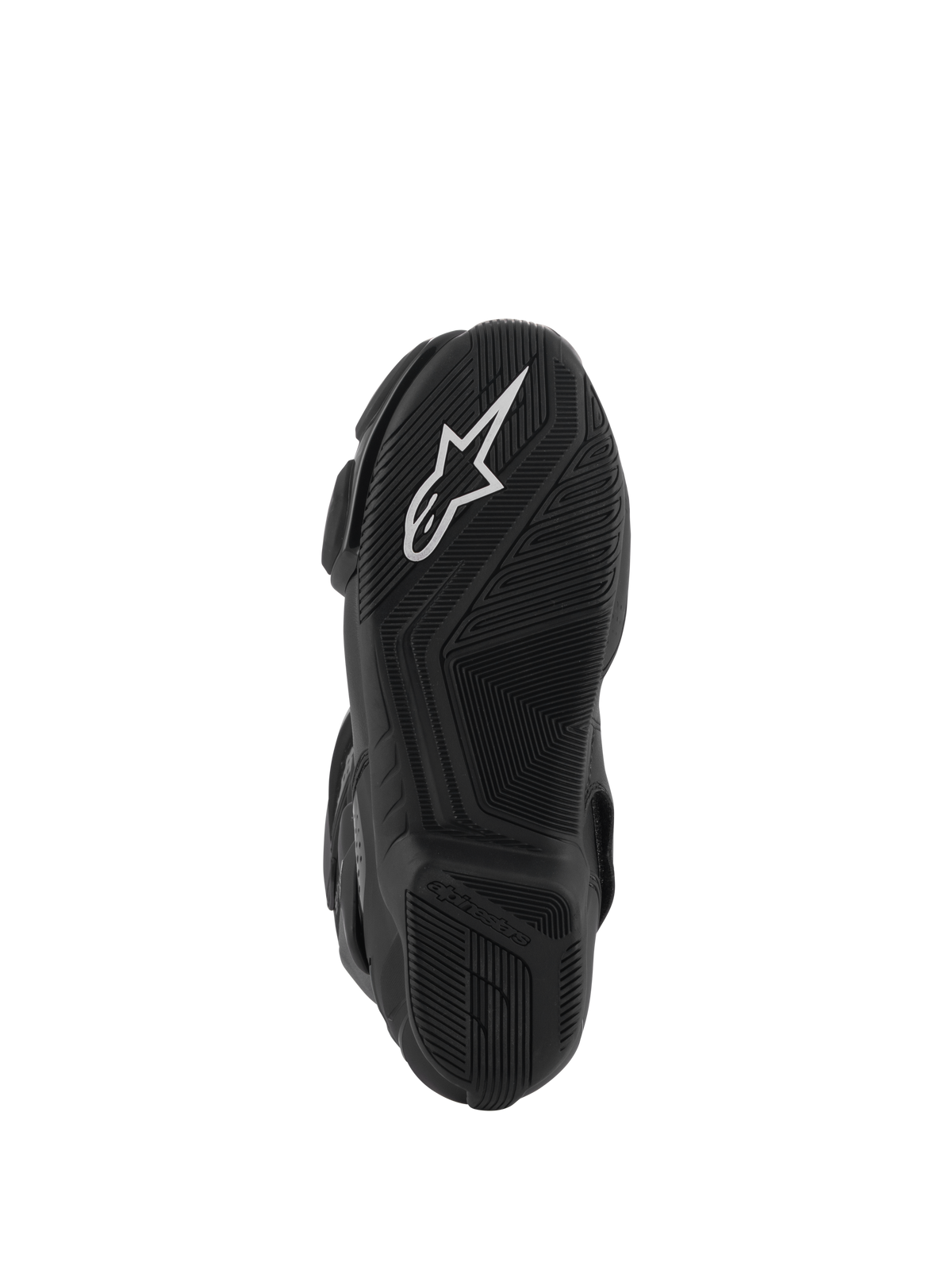 Bottes Alpinestars Stella SMX-6 V3 Drystar®, vue de dessous de la semelle en caoutchouc noir, avec un logo en étoile Alpinestars blanc proéminent, des motifs d'adhérence texturés pour la traction et un design profilé pour le contrôle de la moto.